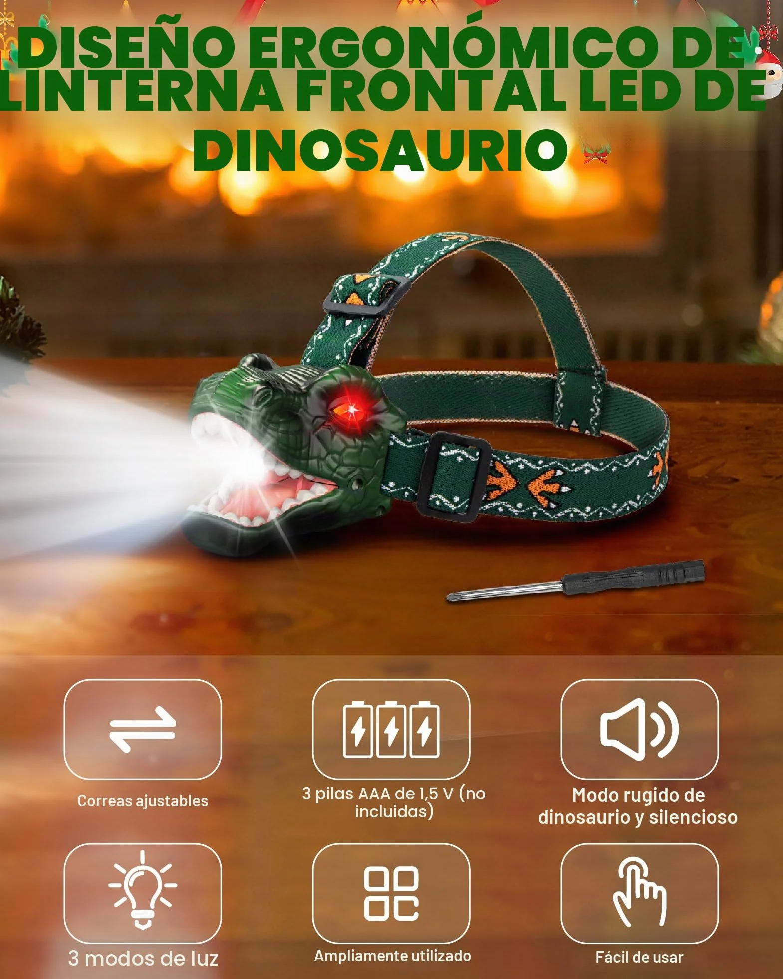 Linterna frontal dinosaurio para niños 3-8 años regalo cumpleaños