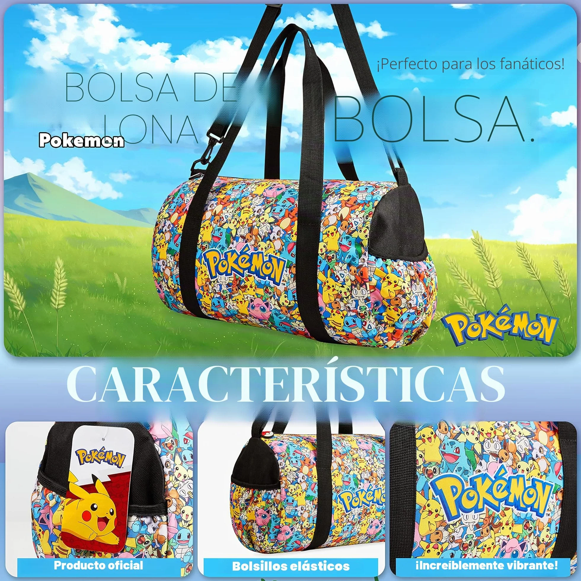 Pokémon Bolsa Deporte Niño Niña Piscina Viaje Playa Futbol Gym Oficial Pikachu Multicolor