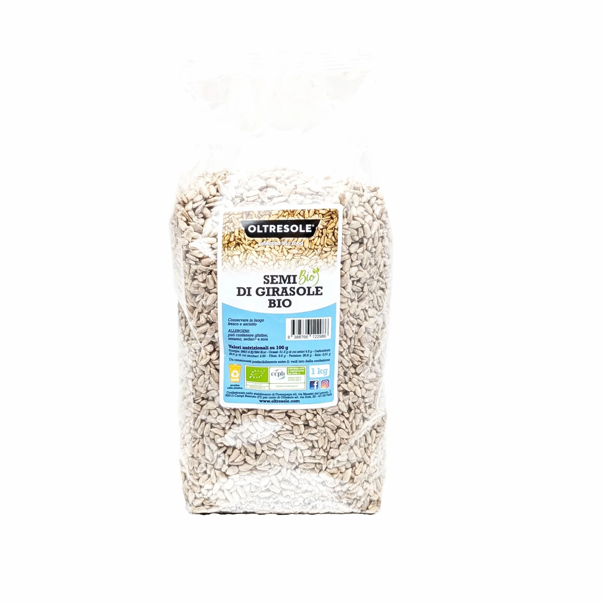 Oltresole, Semillas de girasol descascarilladas ecológicas 1 Kg, Semillas oleaginosas ecológicas crudas, sin cáscara, sin tostar y sin salar, ricas en fibra y nutrientes, Pack ideal para familias