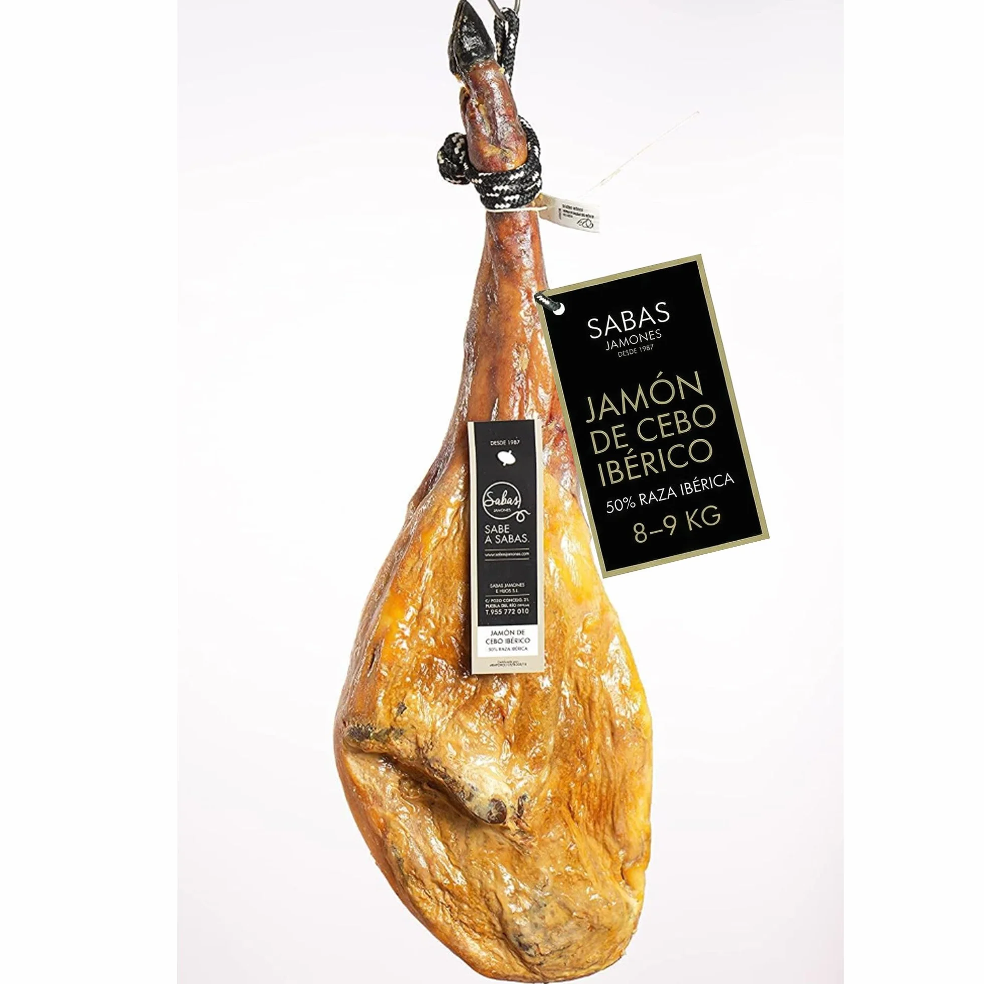 SABE A SABAS Jamon Iberico de Cebo 50% Raza Iberica Pieza Entera 8-9 kg Curacion Bodega Natural Mas de 30 Meses Sin Gluten Jugoso Gourmet Regalo Celebracion Aperitivo Navidad Tabla