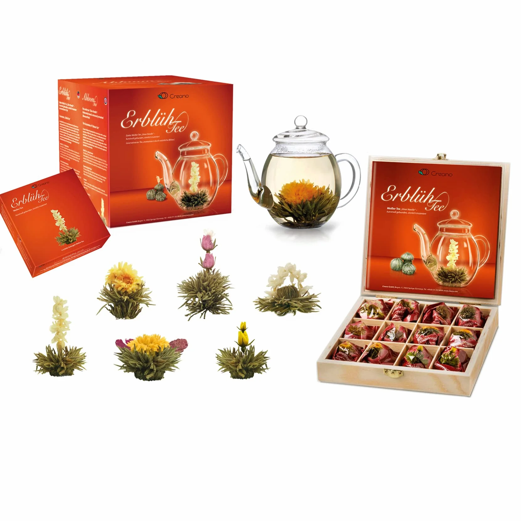 Creano Set XXL Flores de Té Blanco 18 uds Tetera 500ml Antigoteo Cofre Madera Regalo Boda