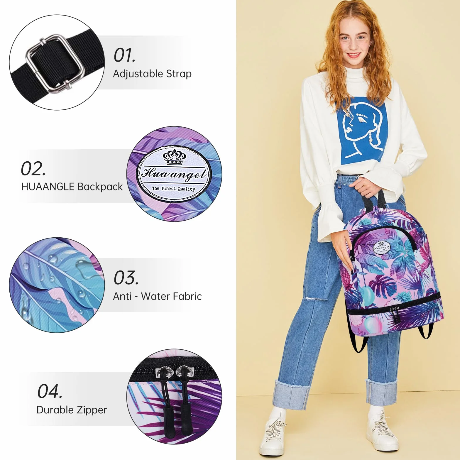 HUA ANGEL Mochila Deportiva con Cordón Ligera Gymsack Bolso de Cuerdas con Bolsillos para Viaje Playa