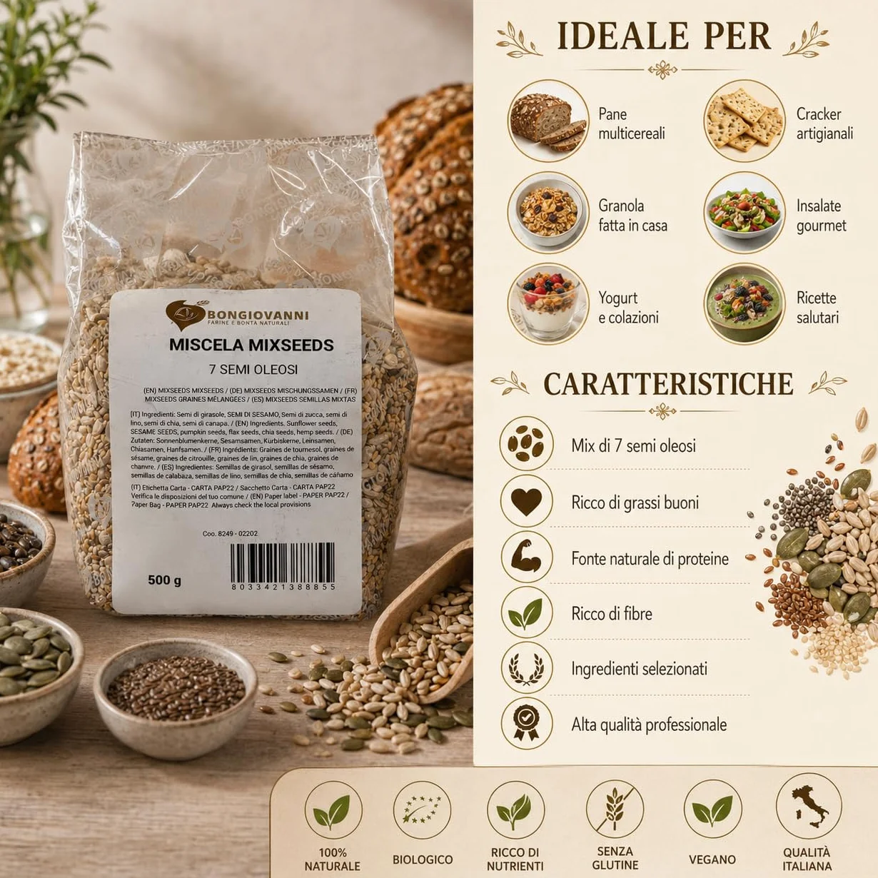 Bongiovanni Bontà Naturali MixSeeds Mezcla de 7 Semillas Oleaginosas, 500 g