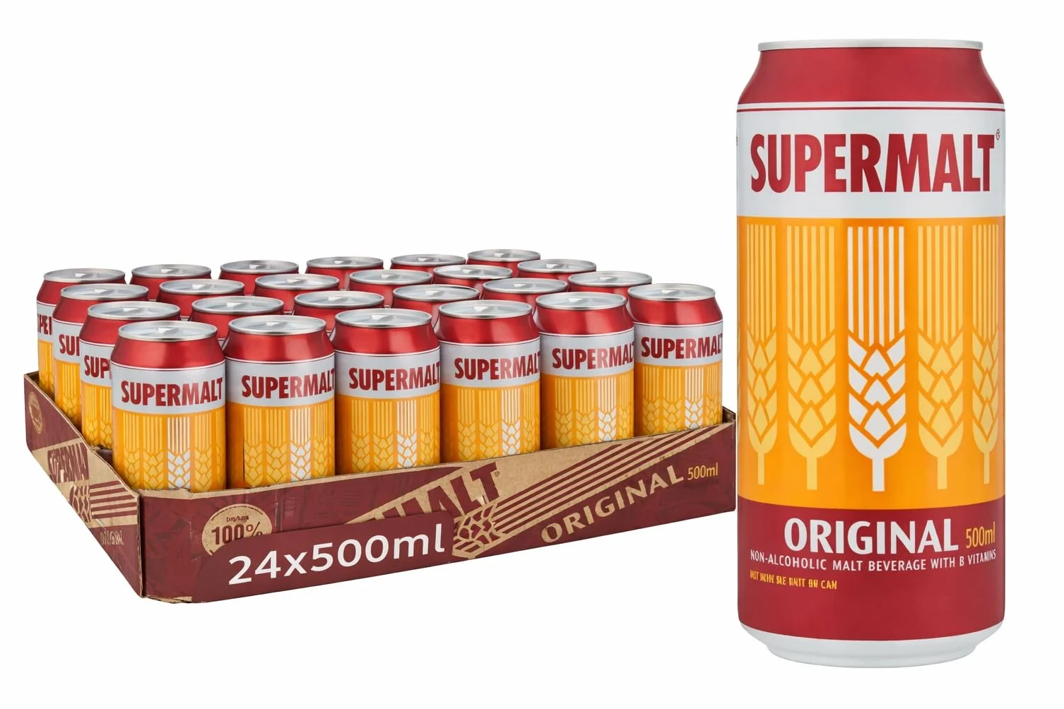 Supermalt Bebida de Malta Vegana Sin Alcohol Original Vitaminas B 4 x 330 ml Paquete de 6