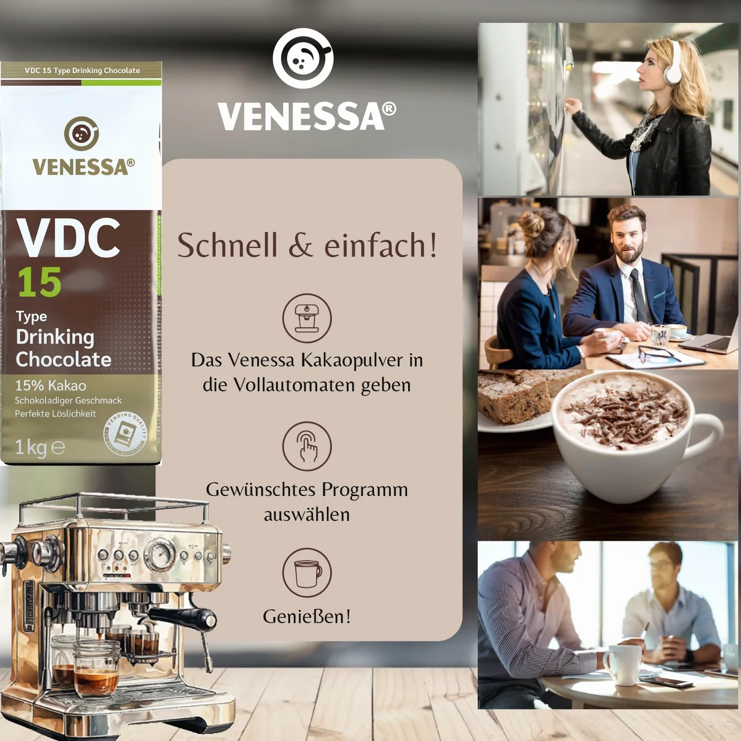 Venessa VDC 9 - Chocolate para beber (5 x 1 kg, 9% de cacao y leche, cacao en polvo para gastro, máquinas expendedoras, ligeramente dulce, agradable