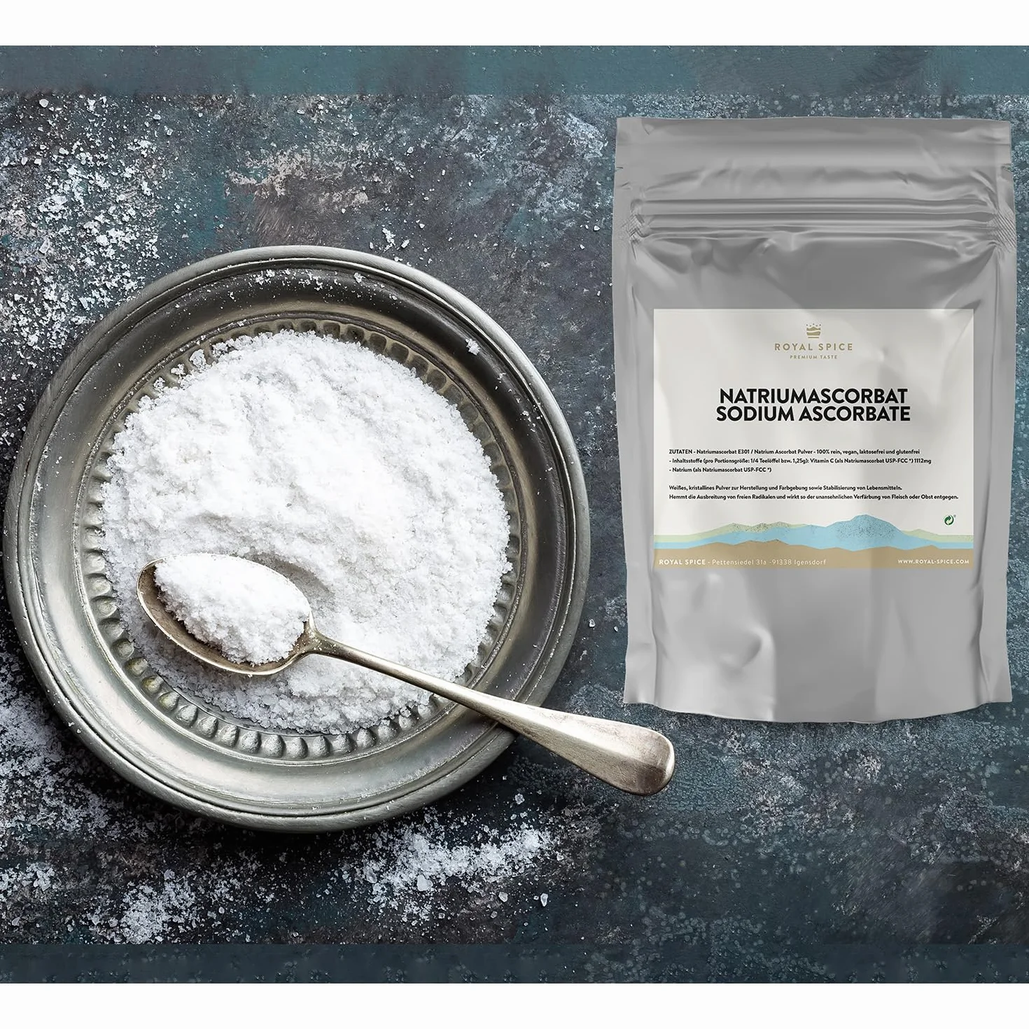 Royal Spice Ascorbato de sodio E301 250 g – Antioxidante puro y aditivo alimentario – Ascorbato de sodio en polvo para salchichas, salazón seco – Vegano y sin aditivos