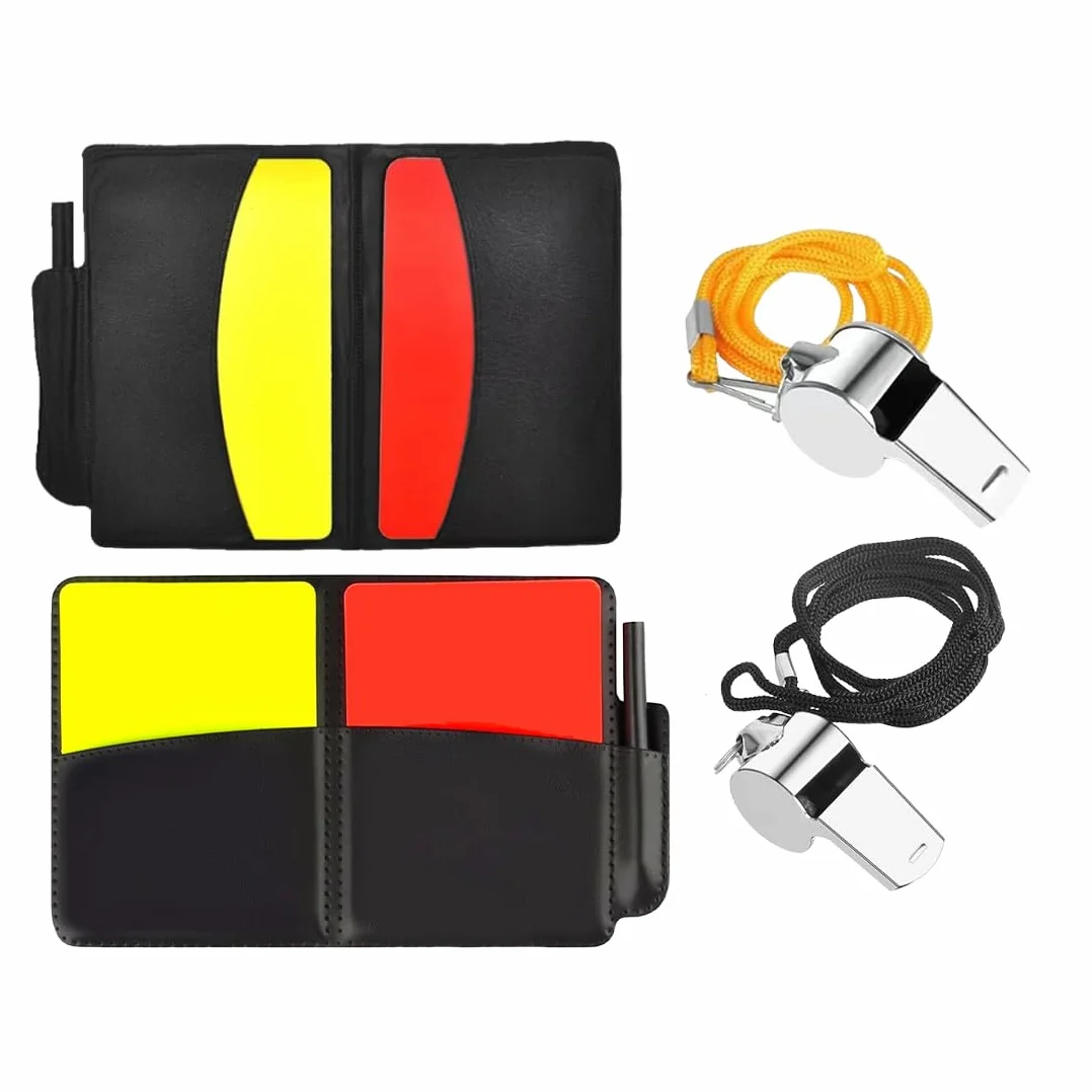 Kit Tarjetas Árbitro Fútbol 4 Piezas con 2 Silbatos Metal Roja Amarilla Sonido Fuerte Nítido