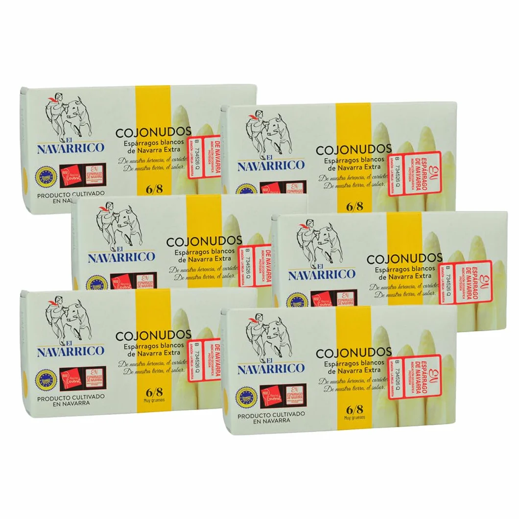 El Navarrico - Espárragos Blancos Gruesos de España | Sin Gluten y Sin Alérgenos | Sabor Único | Espárragos de Navarra | Pack de 6 (250g)
