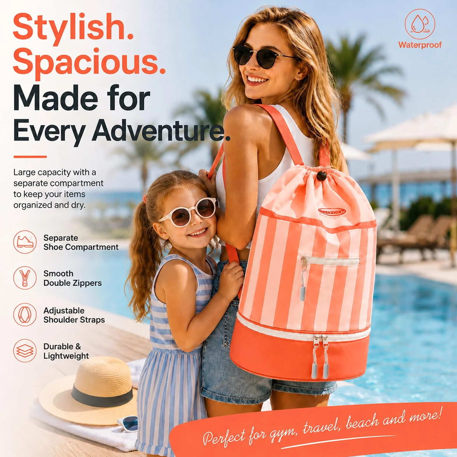 Mochila de Natación para Niños Impermeable con Compartimento para Zapatos, Bolsa de Natación para Pool, Strand y Reisen (Polvo de naranja)