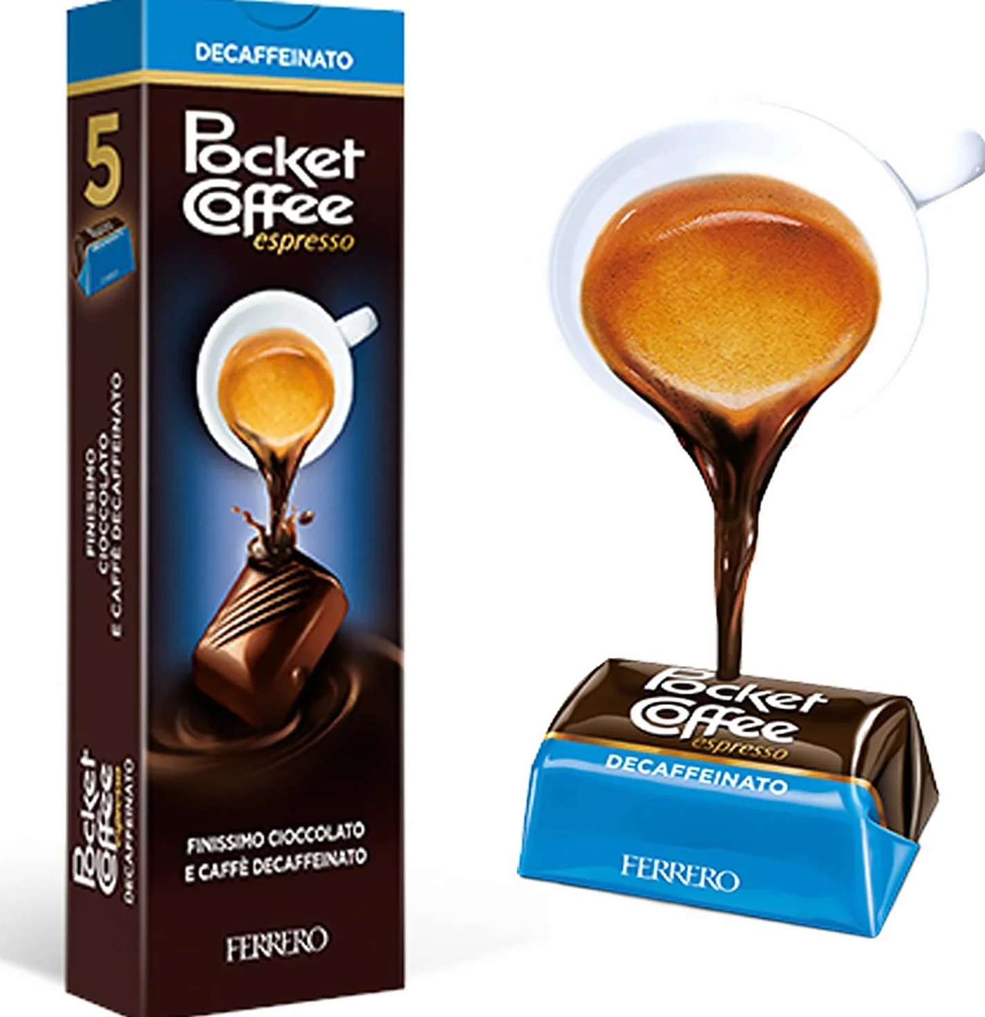 Pocket Coffee espresso - Café de café con líquido descafeinado DEK Espresso, leche fina y chocolate semiamargo, 5 bombones, 625 g