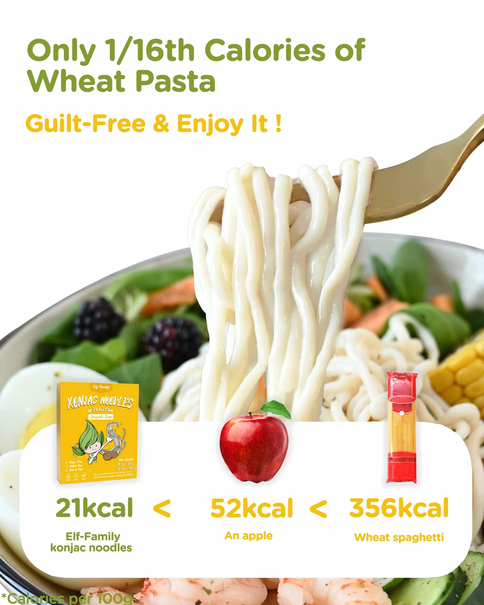 Elf-family [Nuevo] Pasta Konjac Keto de Tailandia Bajo en calorías/Bajo en carbohidratos/Vegano/Sin gluten Fideos Konjac Noodles Shirataki Oat Fibre/Sin azúcar - Spaghetti, 240g x 6 cajas(12 paquetes)