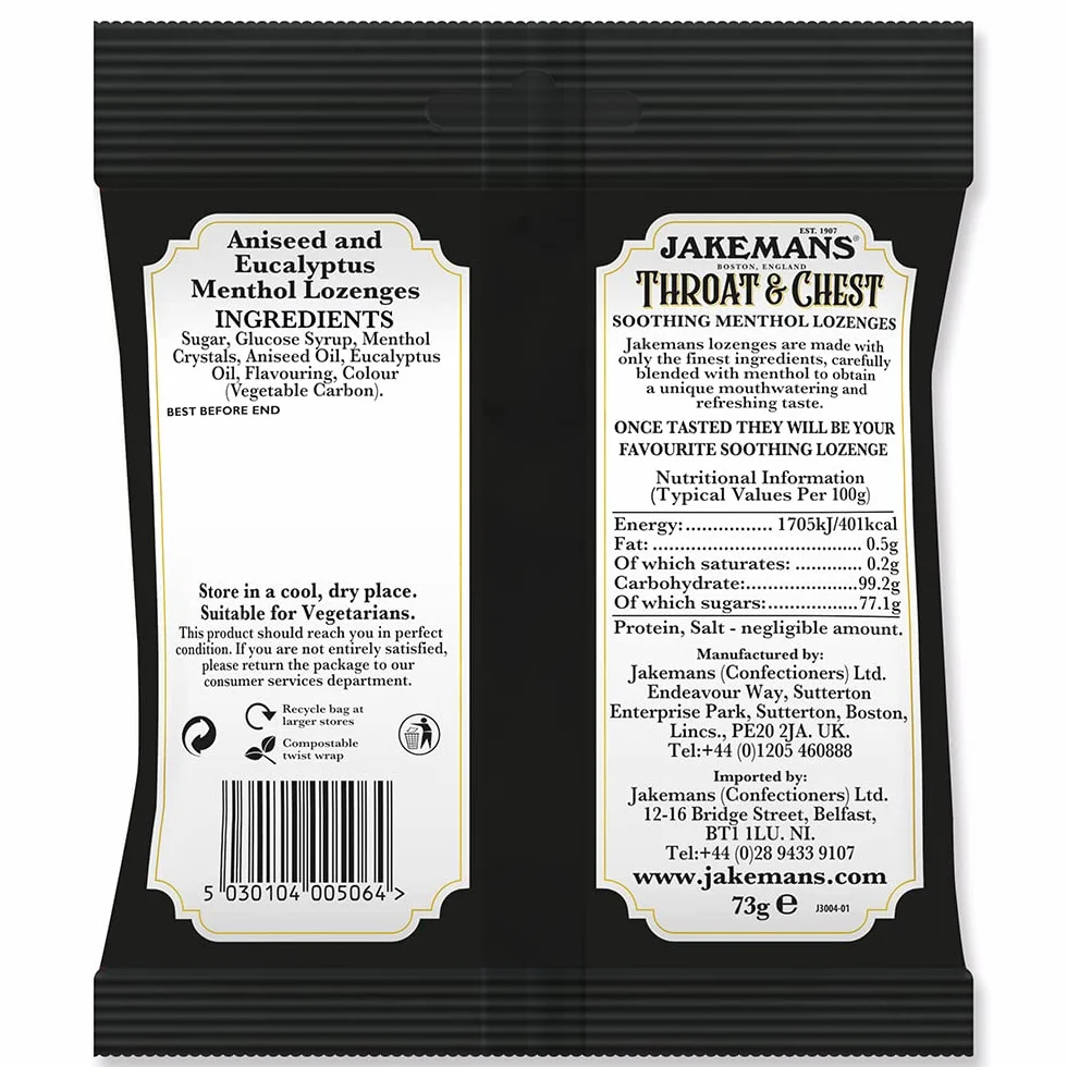 Caramelos Jakemans, Pastillas calmantes con mentol para la garganta, Sabor anís y eucalipto - 1 bolsa 73 g