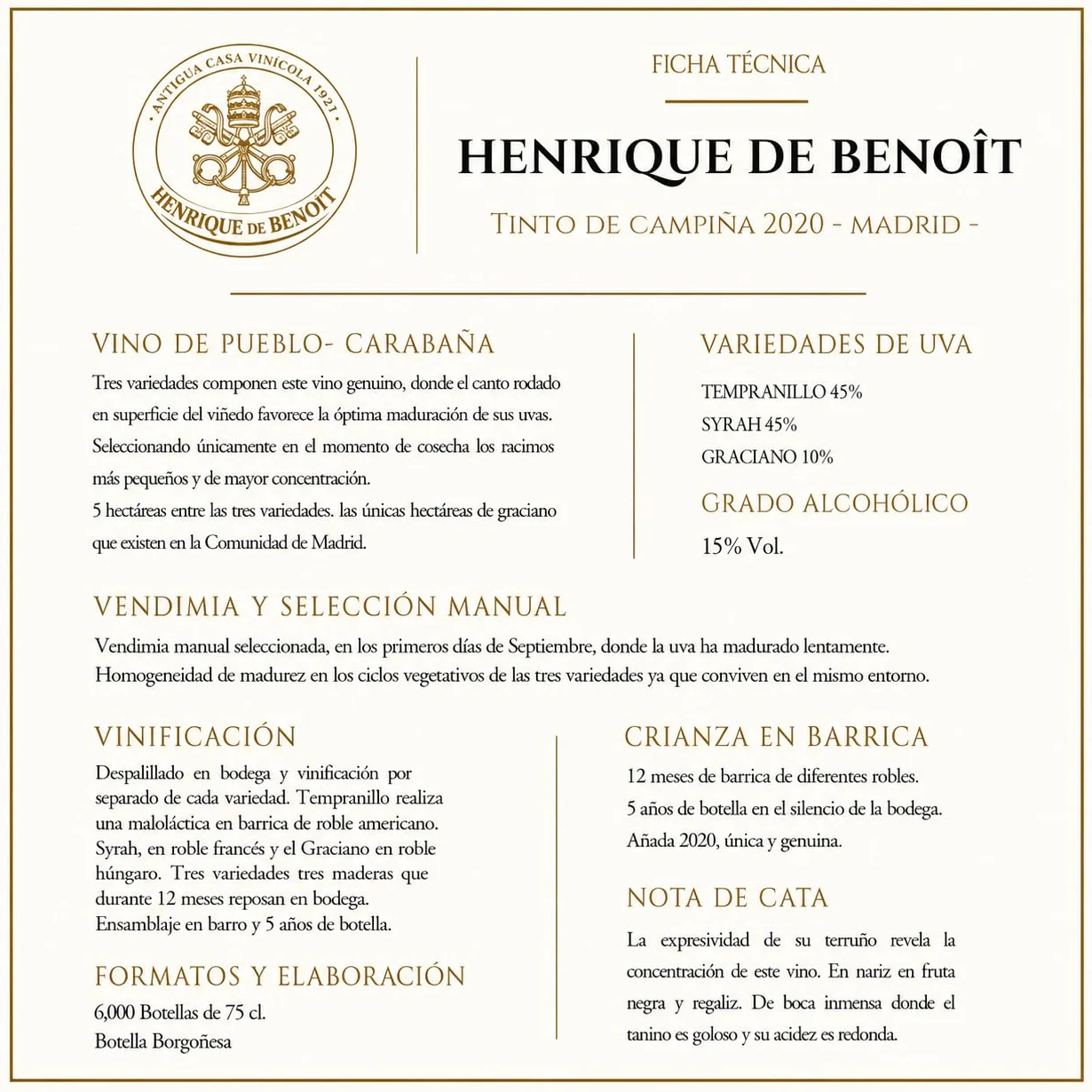 Henrique de Benoît® Vino Tinto Premium Reserva 2020 Pack 3 Botellas 750 ml | Tempranillo 45% Syrah 45%, Graciano 10% | 12 Meses Barrica + 5 Años Botella | Regalo Gourmet Vino Tinto Campiña - Madrid