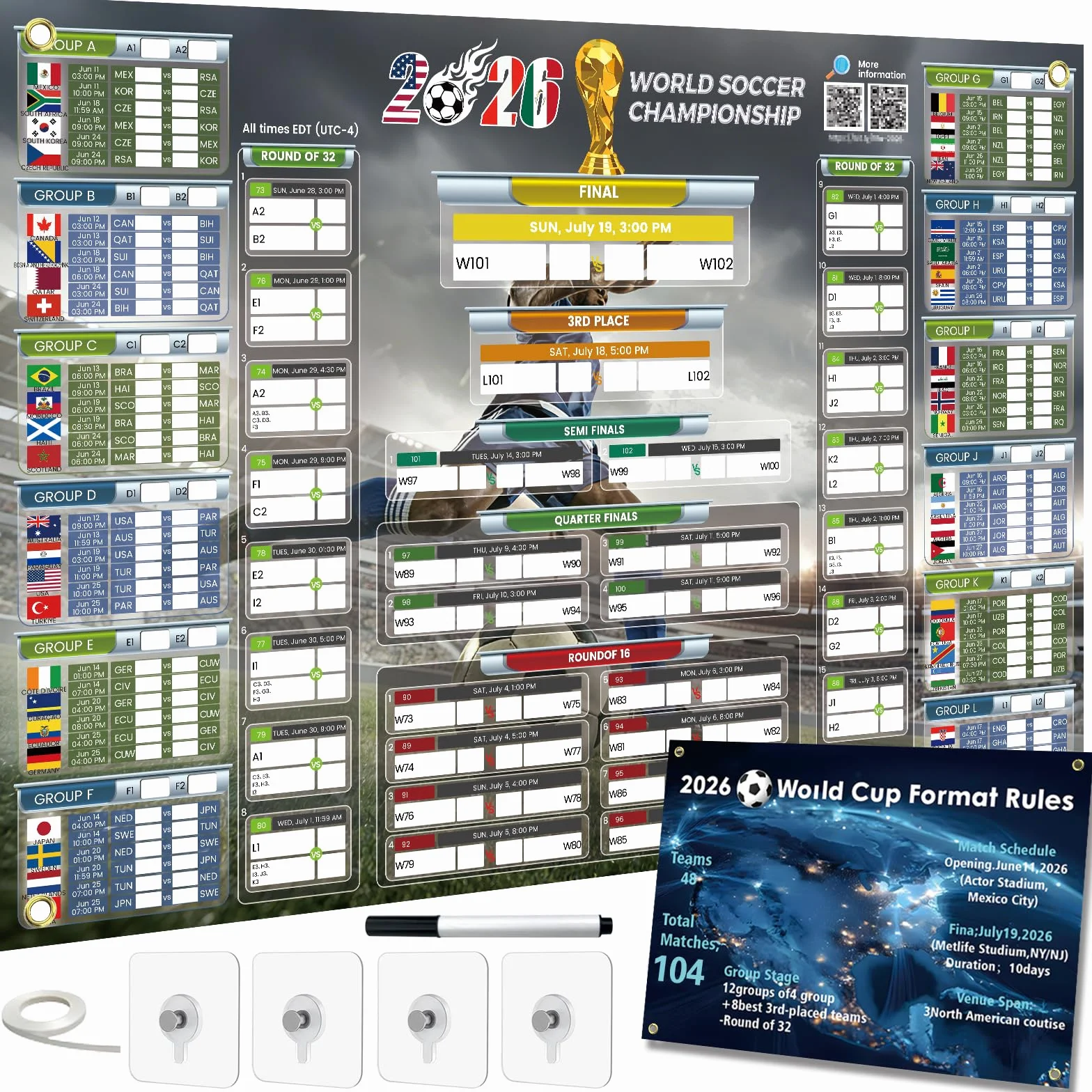Póster Calendario Mundial 2026 Actualizado Código QR Resultados en Vivo 84.1x59.4 cm Formato Grande Letra Grande Regalo Día del Padre Hogar Bar Oficina UTC-4