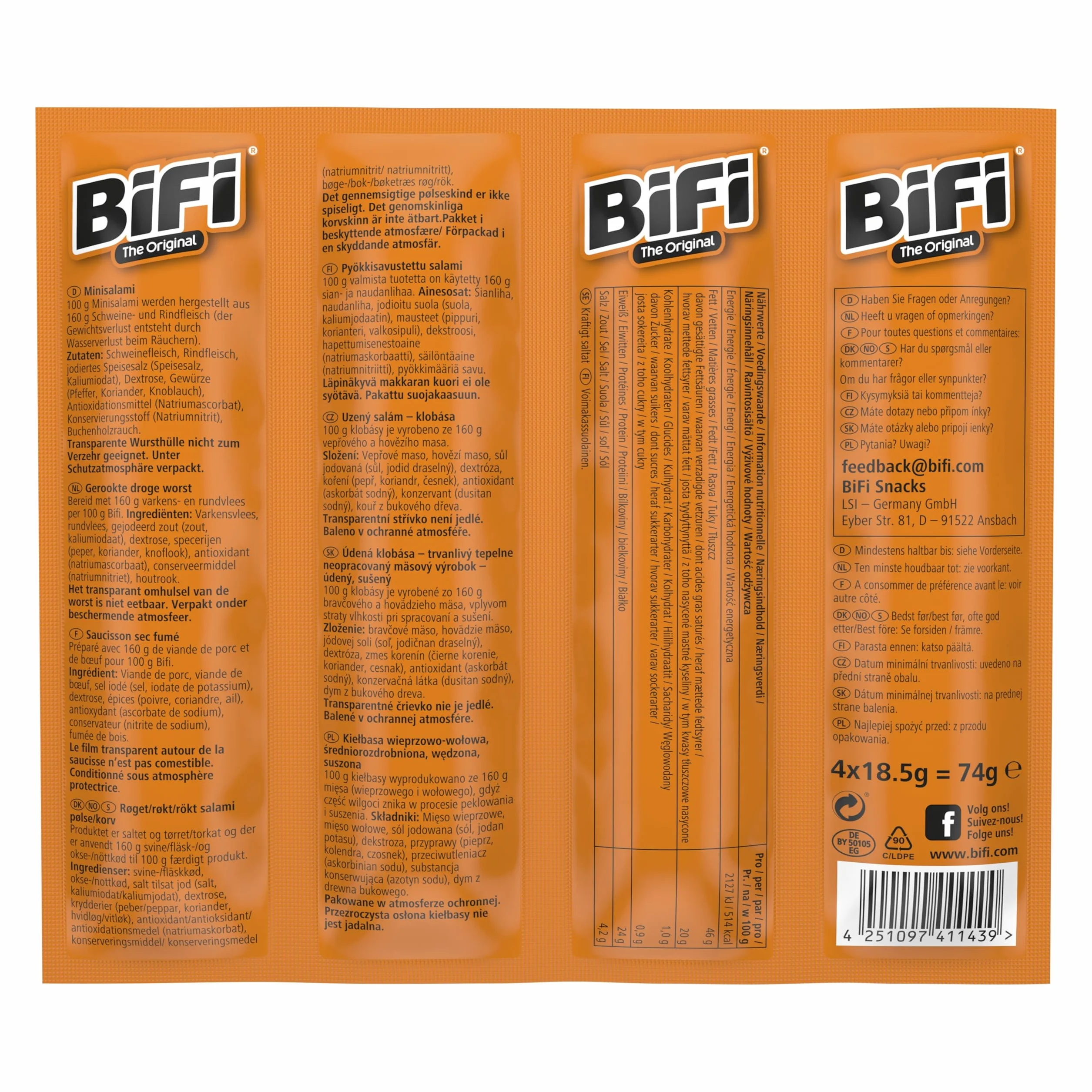 BiFi Original Tiras de salami, paquete de 64, 64 x 18,5 g, salchichón desecado para comer sobre la marcha, al aire libre, pimienta, cilantro y ajo, caja óptima para aperitivos