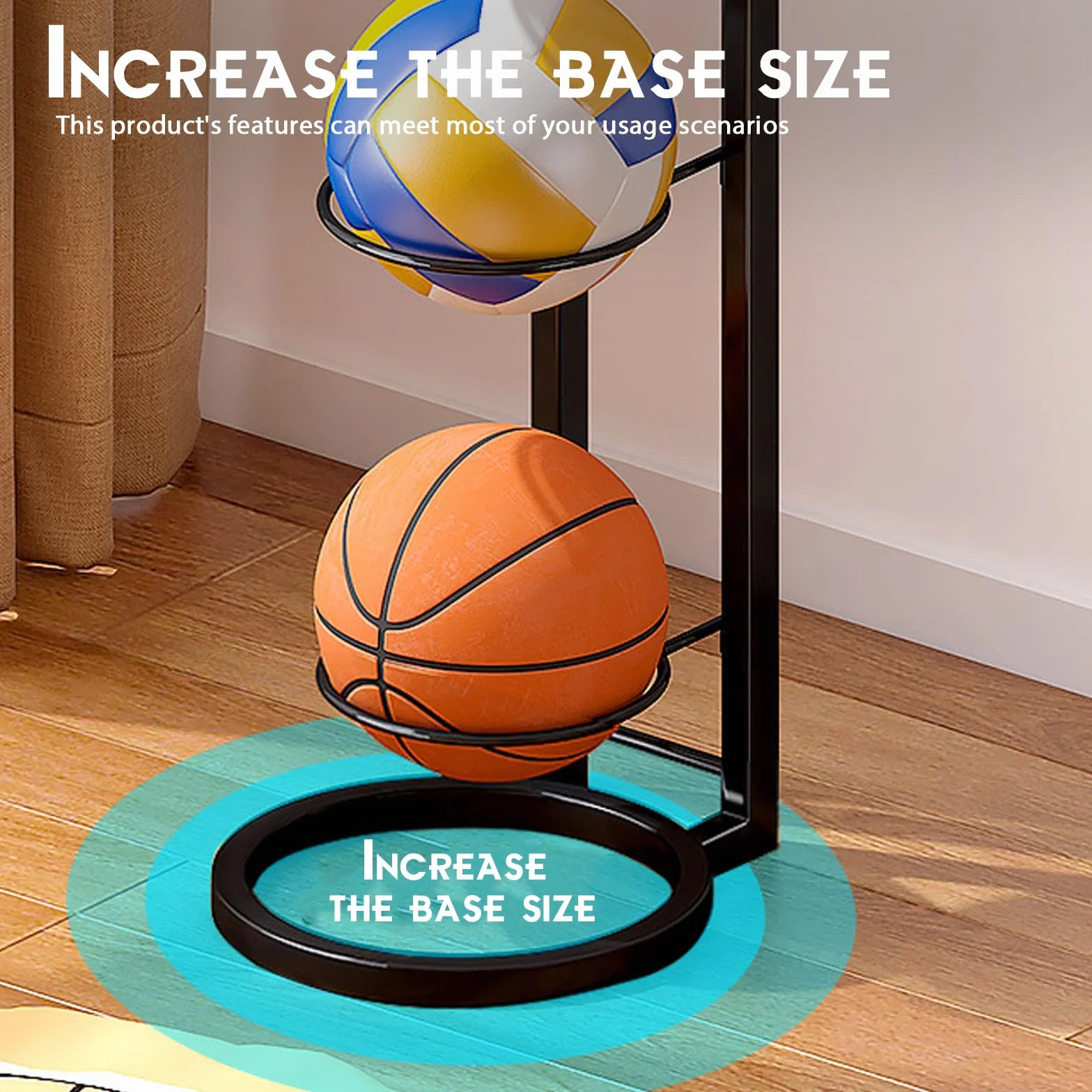 Estantería de 4 niveles para balones, soporte metálico para baloncesto, fútbol y voleibol