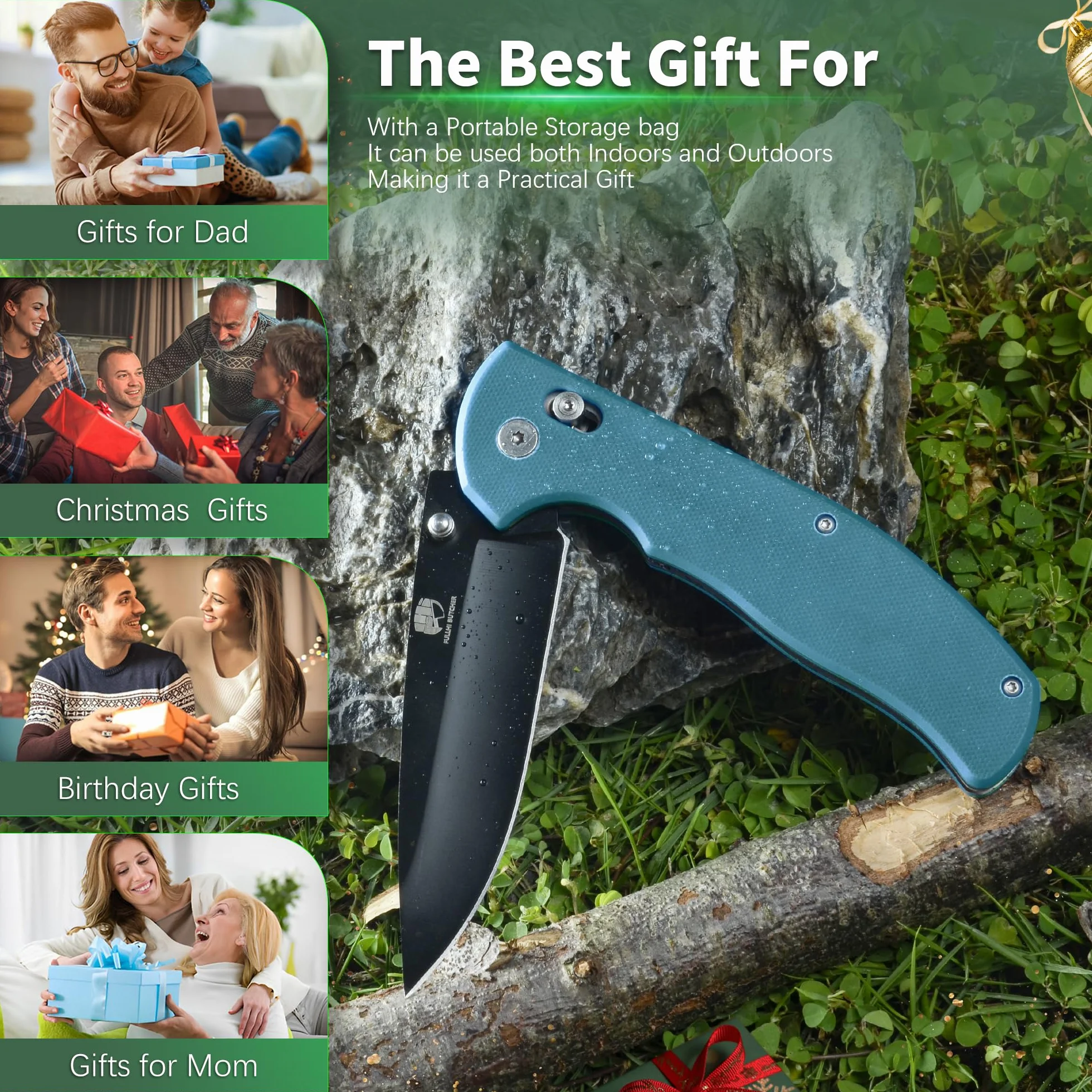 FULLHI Navaja de Bolsillo Plegable G10 con Mosquetón Clip para Camping Supervivencia Senderismo Cuchillos (Azul-negro)