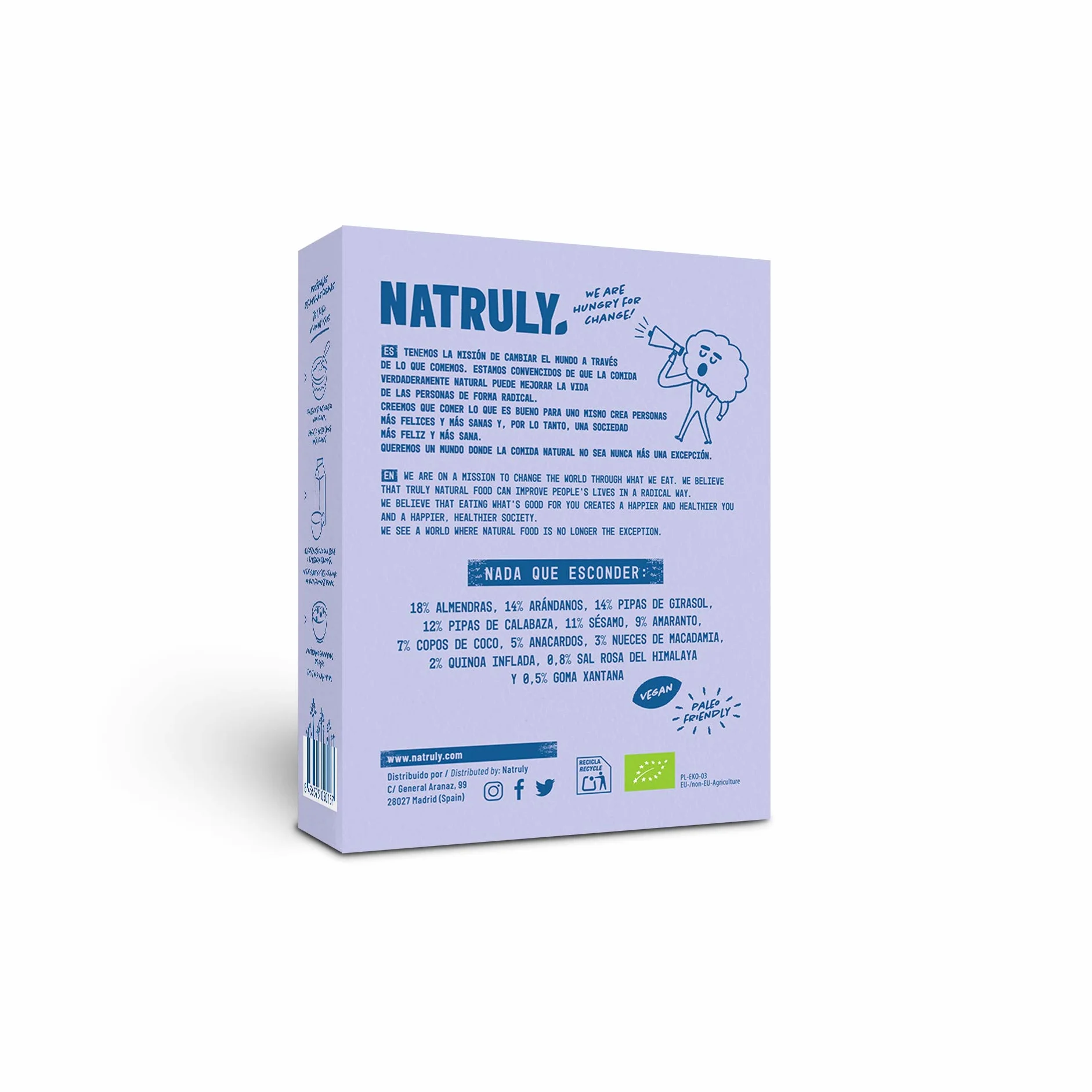 NATRULY Granola BIO Frutos Secos y Semillas Sin Cereales Sin Gluten Sin Azúcar Refinado Vegana Arándanos Pack 3x325g