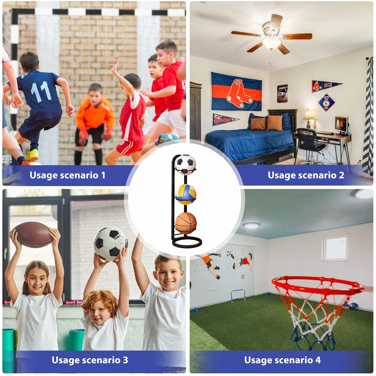 Estantería de 4 niveles para balones, soporte metálico para baloncesto, fútbol y voleibol