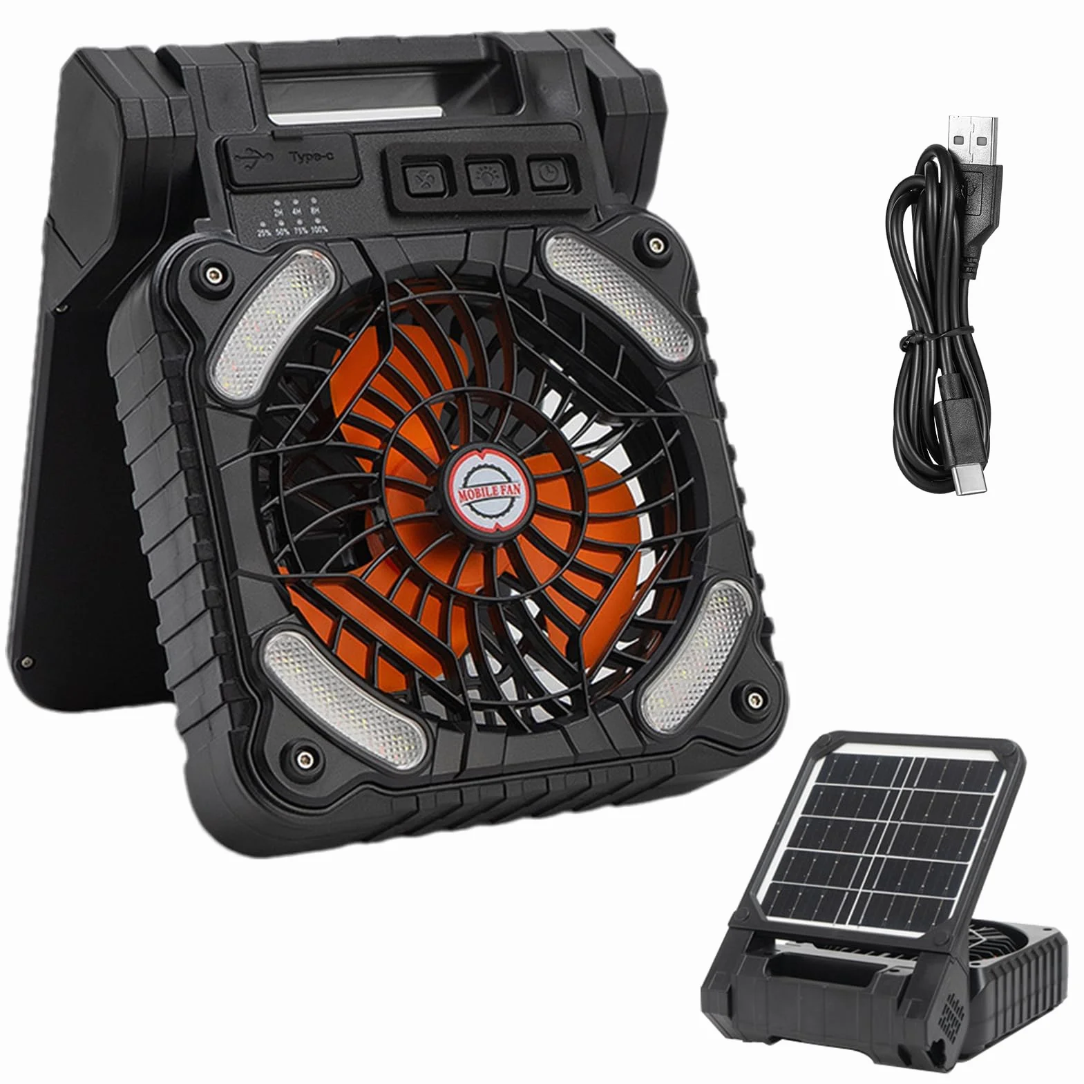 Ventilador Solar Portátil LED con 4 Velocidades y 3 Brillos, Batería de 100, para Acampar