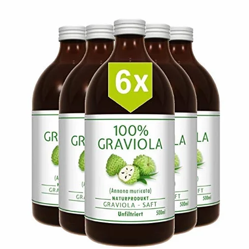 Jugo de Guanábana 6 x 500 ml, Sin Filtrar, Vegano, 100% Puré de Graviola