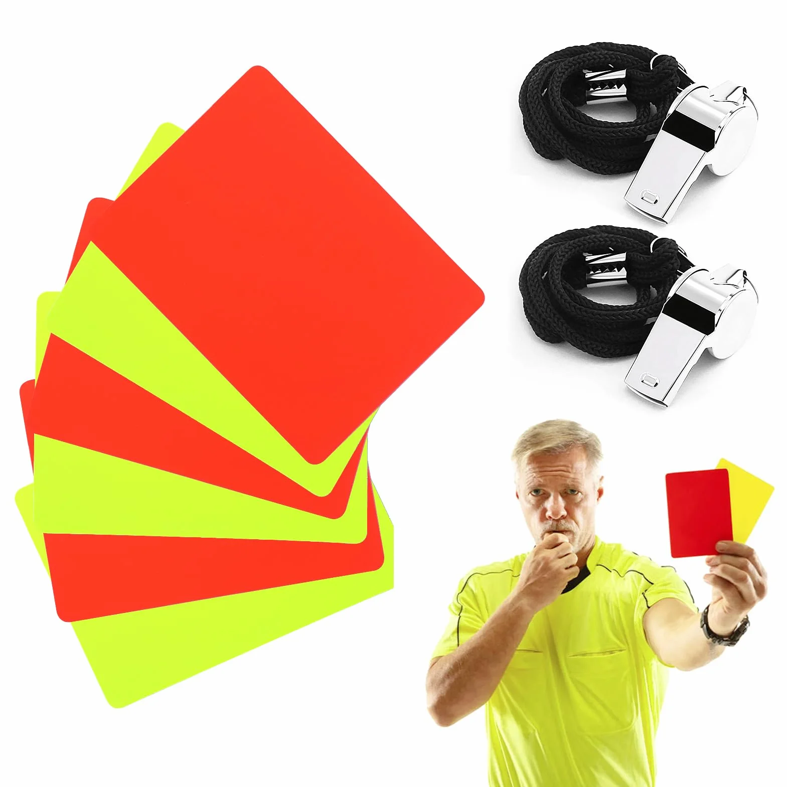 Tarjetas Rojas y Amarillas PVC con Silbato y Cuerda para Árbitro de Fútbol