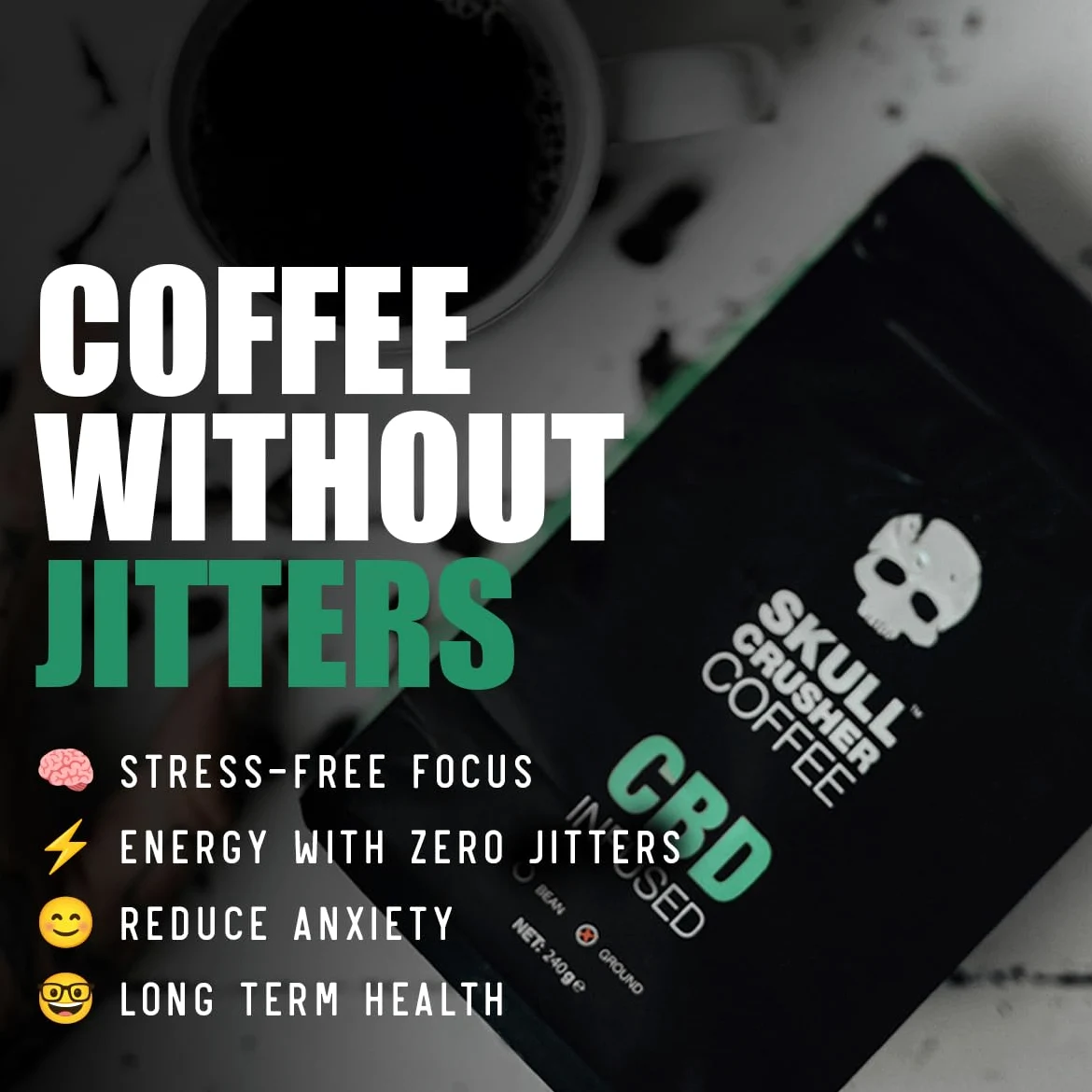 Skull Crusher Infused Ground Coffee con alta cafeína. Café molido tostado oscuro, 100% natural y certificado Rainforest Alliance. Advertencia: el café más fuerte del mundo. 500g.
