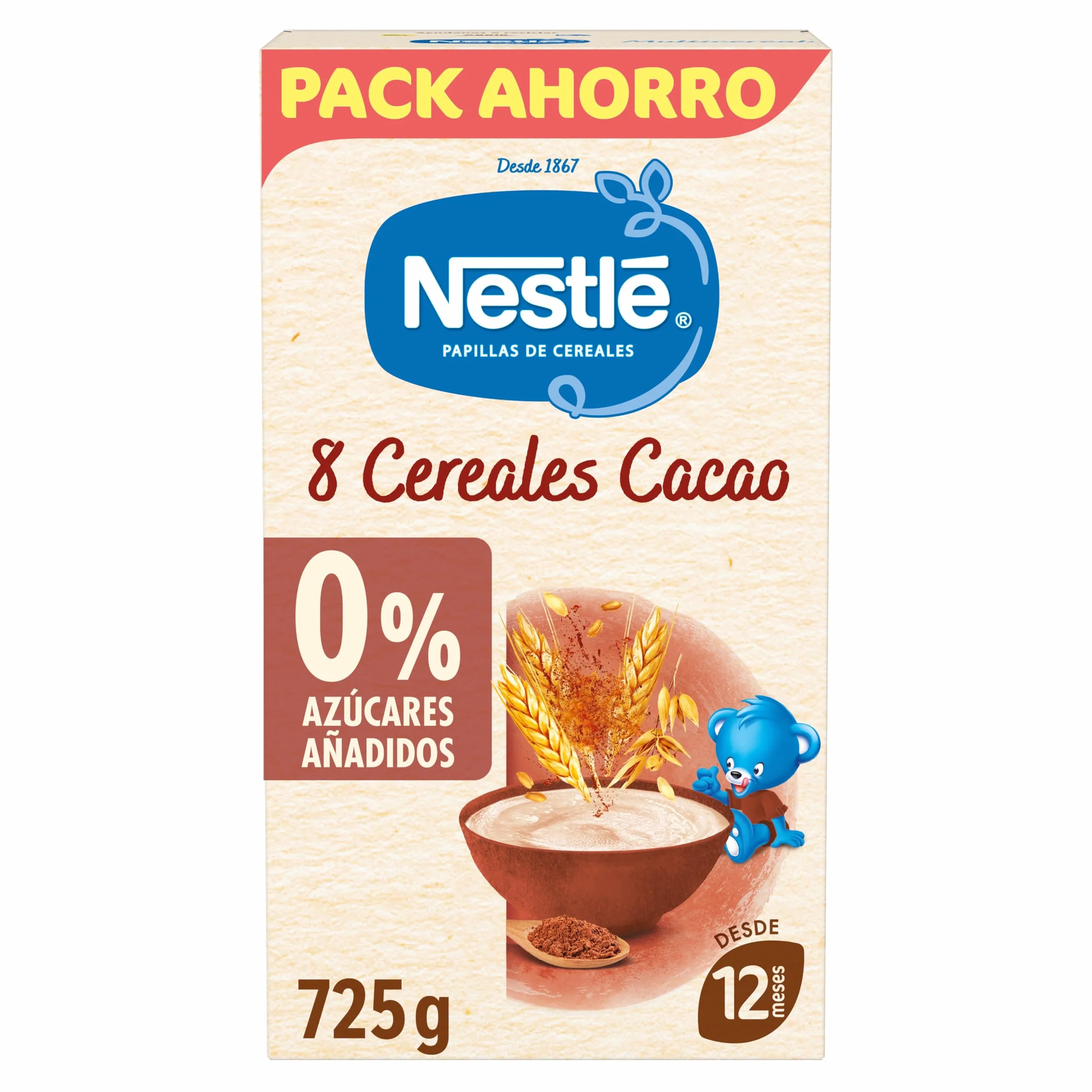 Nestlé Papilla 8 Cereales con Cacao, sin azúcares añadidos, a partir de los 12 meses, 725 g