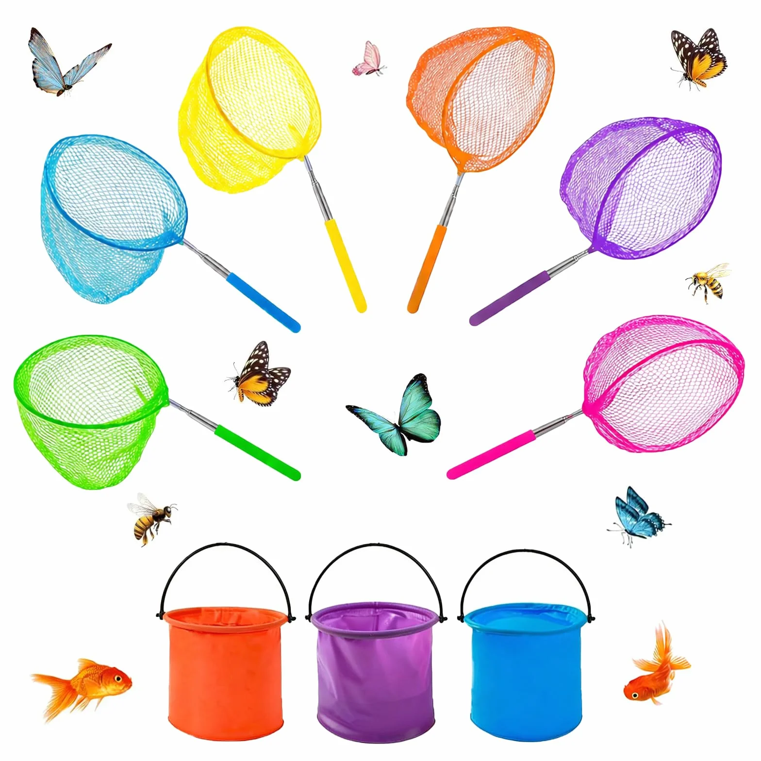 Redes Telescópicas de Mariposa de Acero Inoxidable 37-85 cm, 6 Piezas con Cubos Plegables