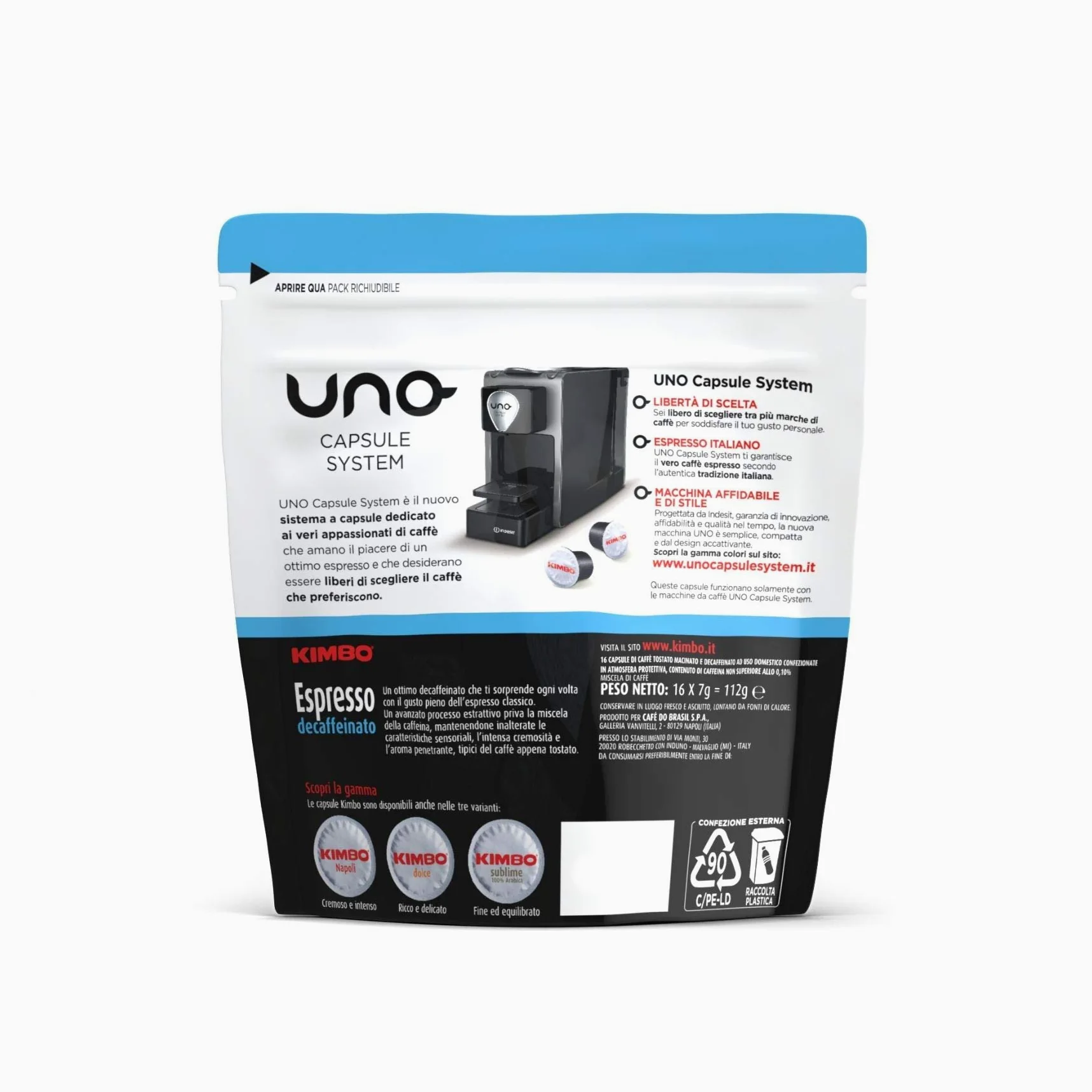 Kimbo Cápsulas de Café Espresso Descafeinado (Deca), Kimbo UNO System, 6 paquetes de 16 cápsulas (Total 96 Cápsulas)