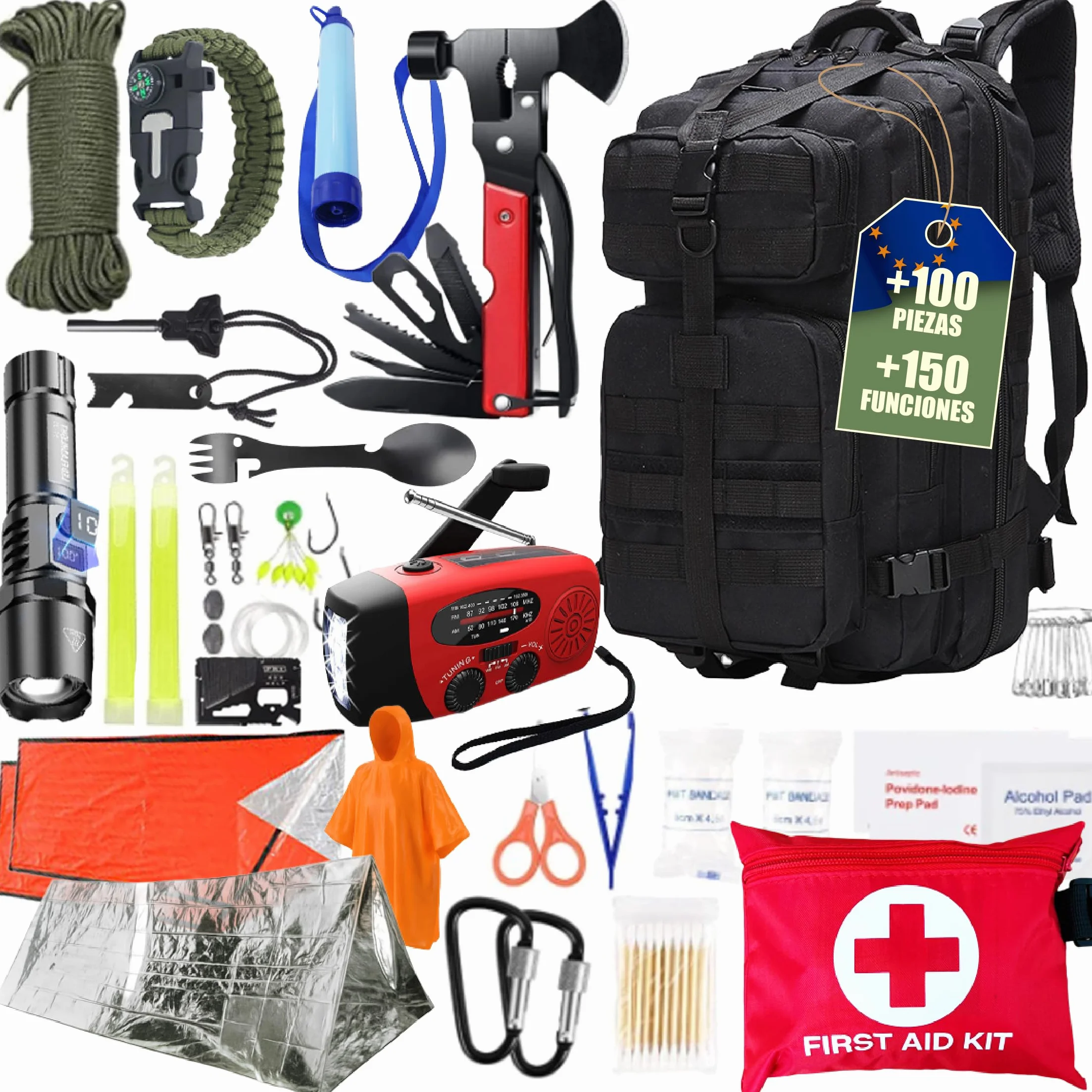 Kit Supervivencia 72 Horas Mochila con Hacha, Primeros Auxilios, Radio Solar Emergencia