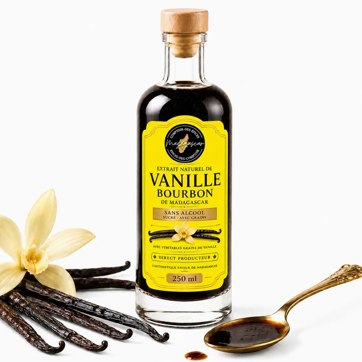 Extracto natural de vainilla Bourbon 250 ml – Sin alcohol – Puro & Artesanal – Ideal Cocina & Pastelería – (Empresa francesa)