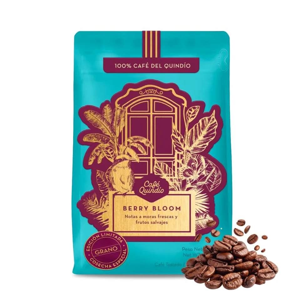 Café Quindío Cafe De Especialidad En Grano - 100% Arábica Colombia | Origen único, SCA 87, tueste medio, ideal para cafetera goteo, prensa francesa, Chemex o V60 (250 g, Berry Bloom)