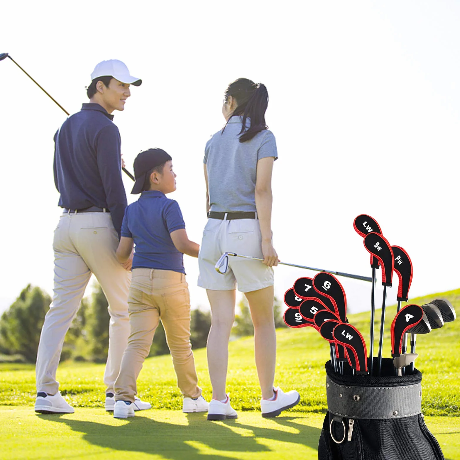 Fundas de Hierro para Palos de Golf 12 Piezas Números 3-9 A/SW/PW Cremallera Cuello Largo Rojo