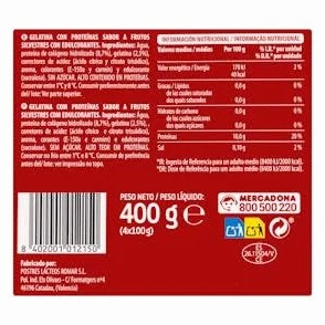 Gelatina sabor a frutos silvestres +Proteínas Hacendado 10 g proteínas 0% azúcar 8 ud. x 100 g Pack 8