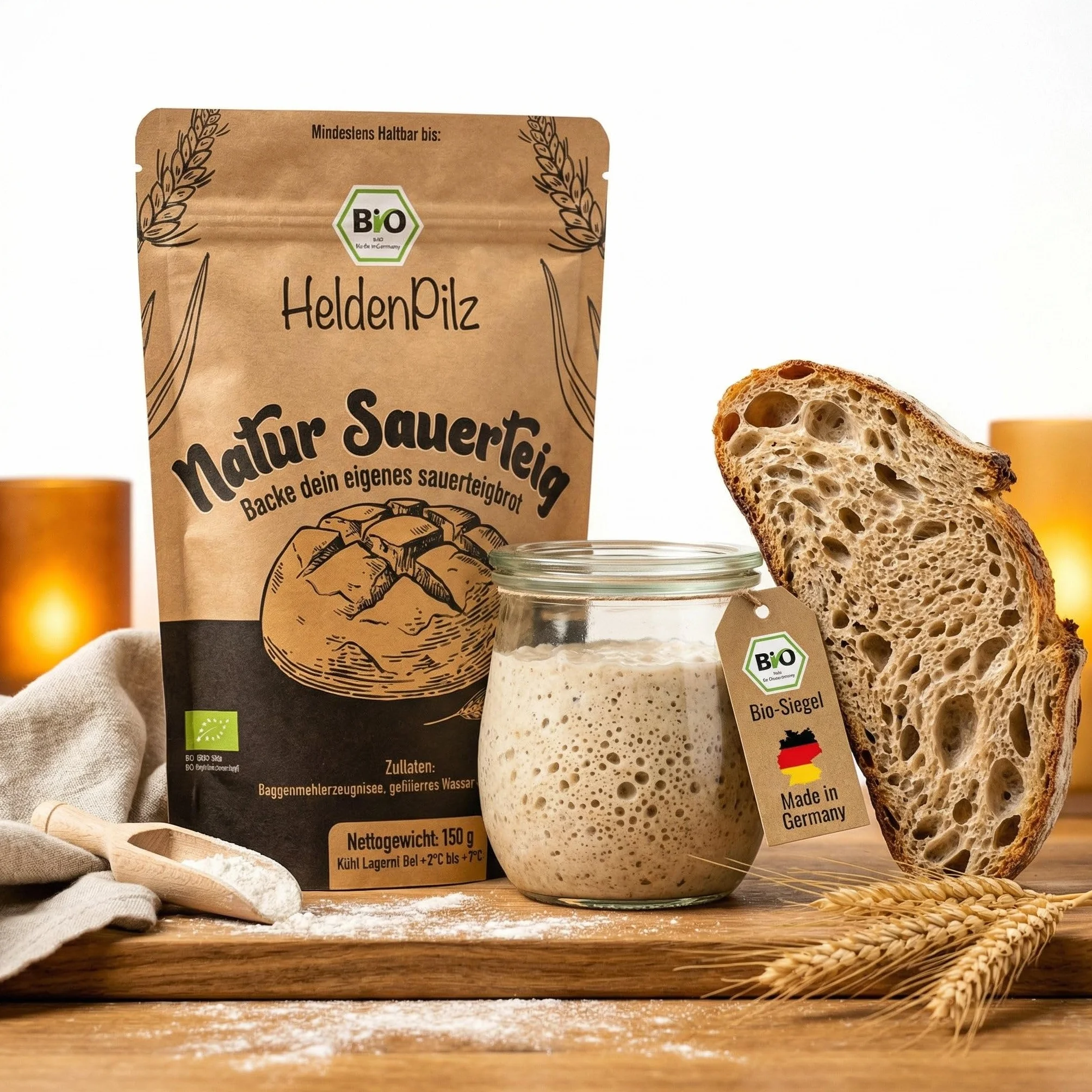 HeldenPilz | Masa agria orgánica fresca | Set para hornear pan + regalo | hacer pan crujiente tú mismo, incluye instrucciones y recetas, ingredientes 100% naturales (centeno para iniciar la levadura