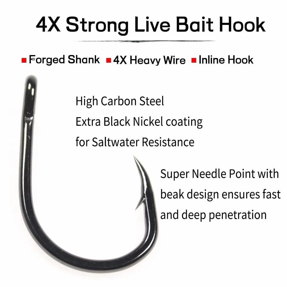 High Carbon Steel Live Bait Hook 4X Strong Barbed Fishing Hooks Saltwater Tuna Shark Bass 3/0