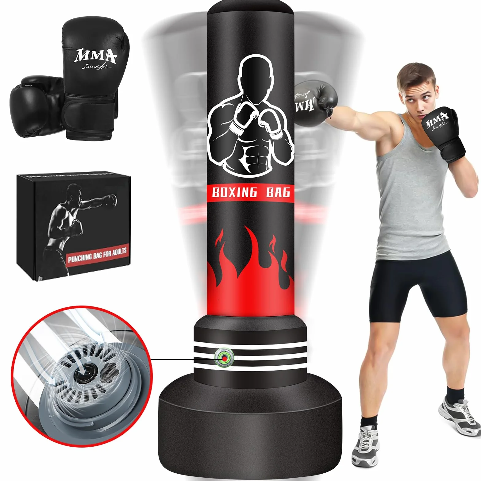 Saco de Boxeo 180cm Pesado Autoinflable con Guantes y Bomba de Aire para Entrenamiento MMA Muay Thai