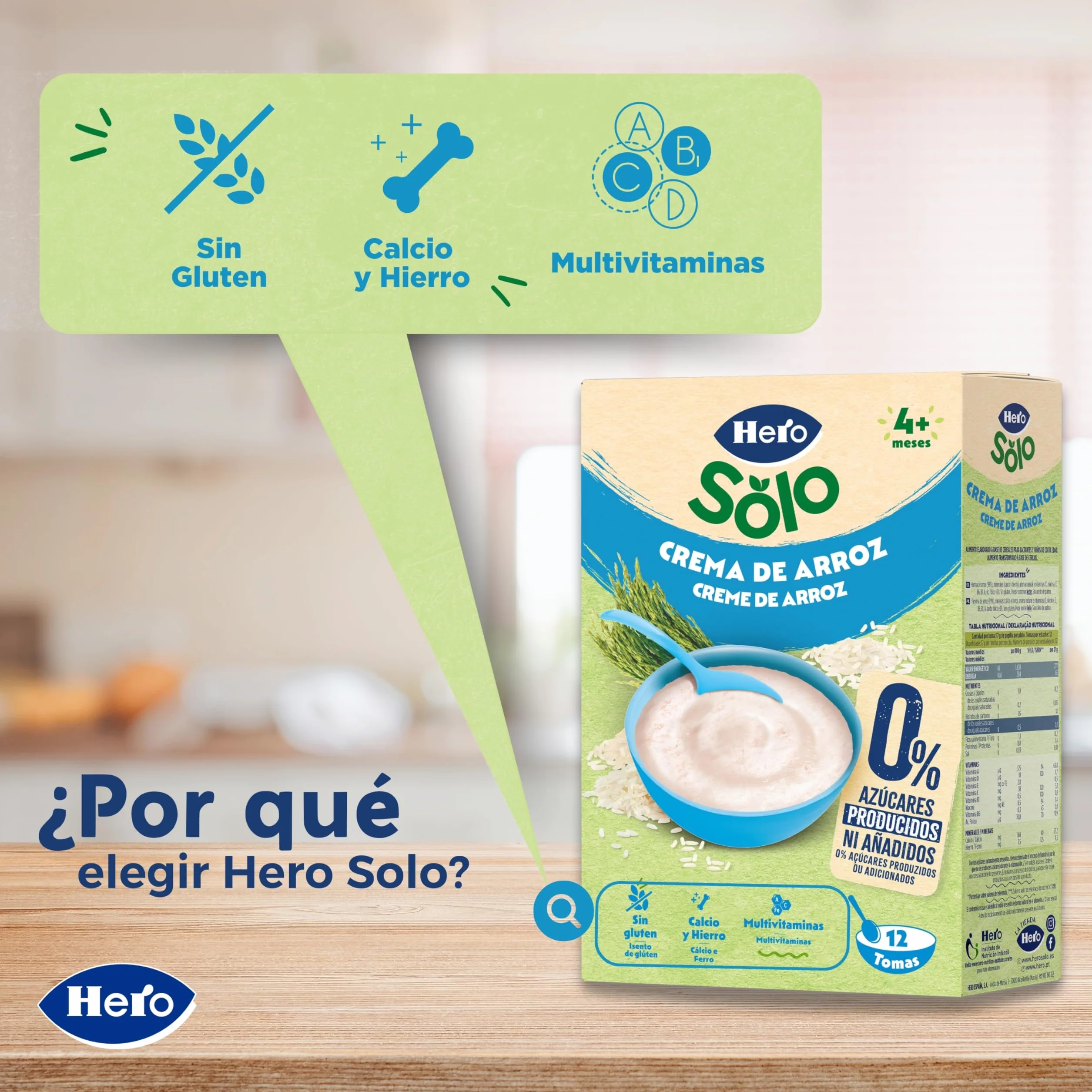 Hero Solo Papilla Crema de Arroz, Sin Gluten, Rica en Fibras y Vitaminas, Sabor Natural para Bebés, a partir de 4 meses, Pack x 6 units x 220 g