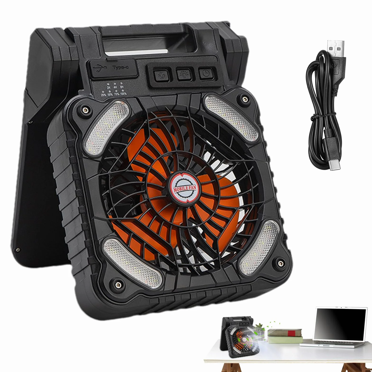Ventilador Solar Portátil LED con 4 Velocidades y 3 Brillos, Batería de 100, para Acampar
