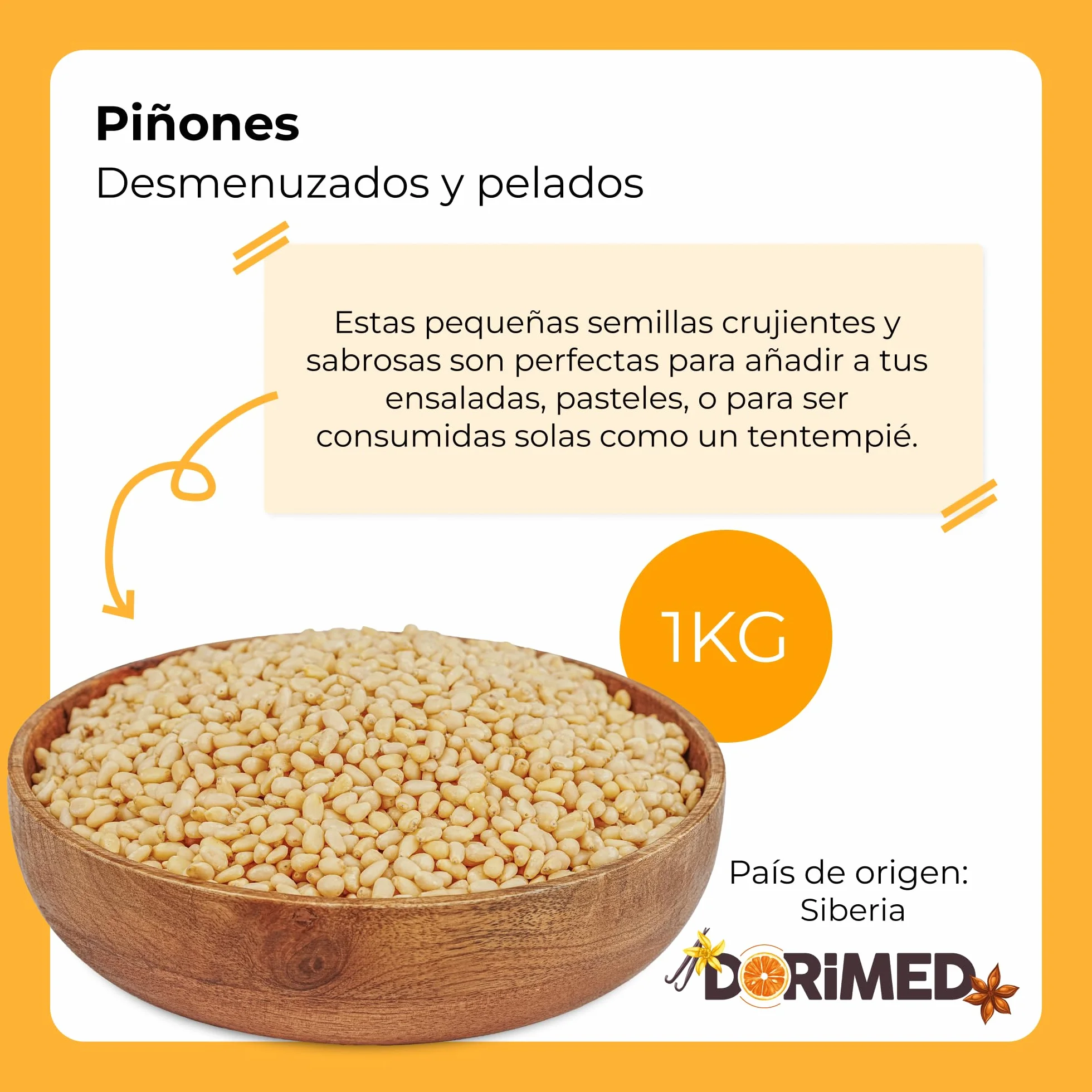 Dorimed Pack de Piñones Crudos de Pino 1kg Pelados | Frutos Secos Siberianos Sin Cáscara de Origen 100% Natural | Bolsa en Porciones para Cocinar
