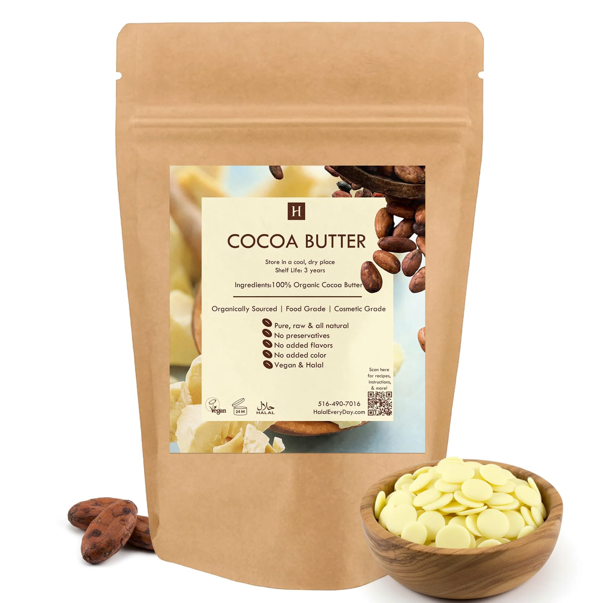 Natural Zing - Manteca de cacao orgánica cruda, 16 onzas.