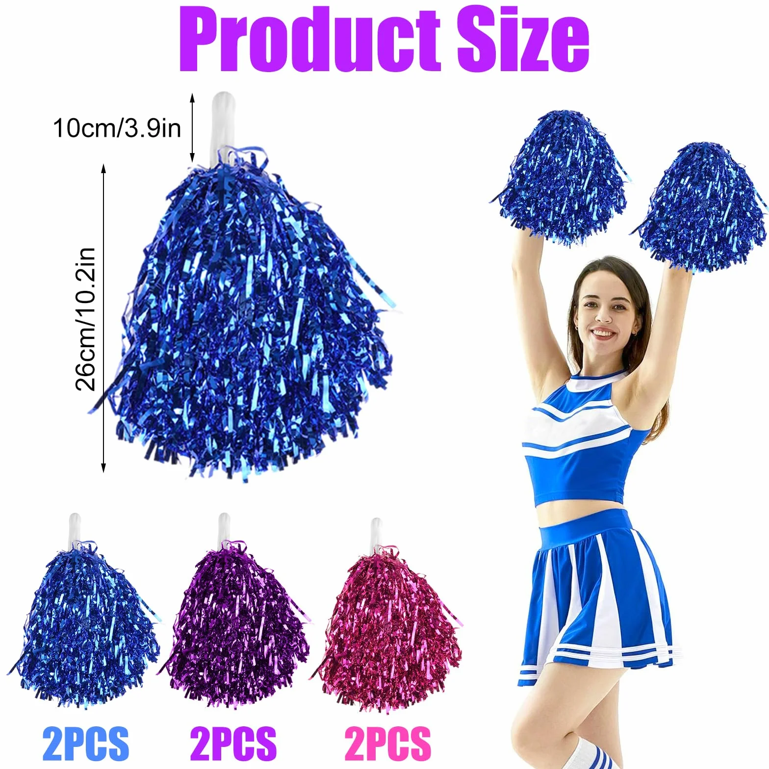 Pompones de Animadora 6 Piezas con Mango Azul/Violeta/Magenta para Eventos Deportivos y Fiestas