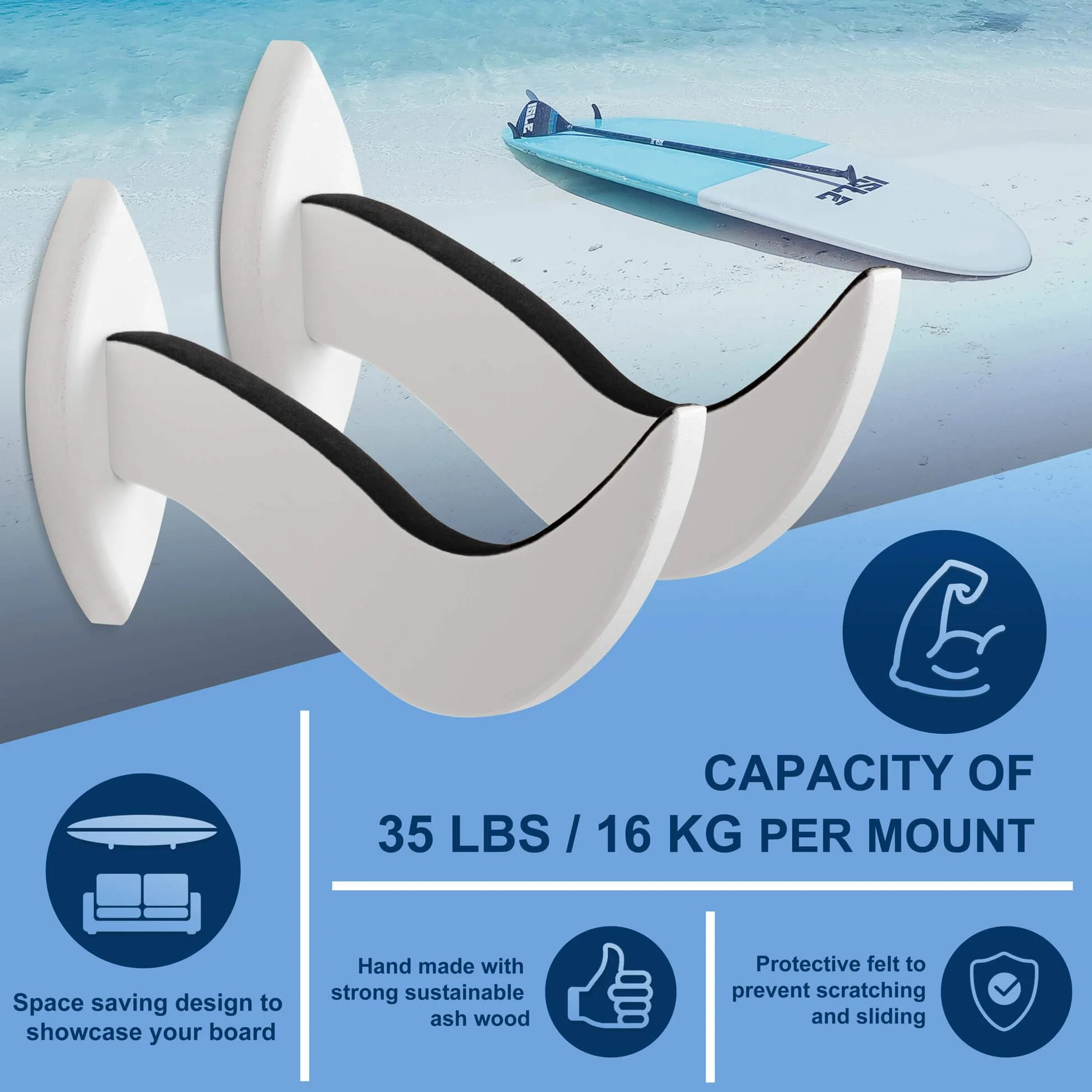 Soporte de Pared para Tabla de Surf, Estante de Madera Sostenible, Colgador (Blanco)