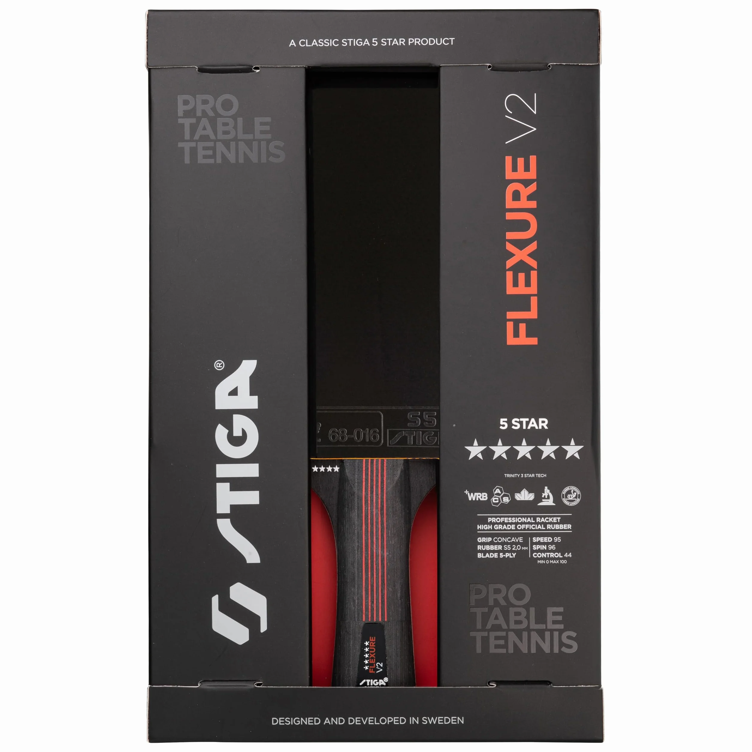 STIGA Flexure V2 Pala de Tenis de Mesa 5 Estrellas Goma STAR5 ITTF Agarre Ergonómico