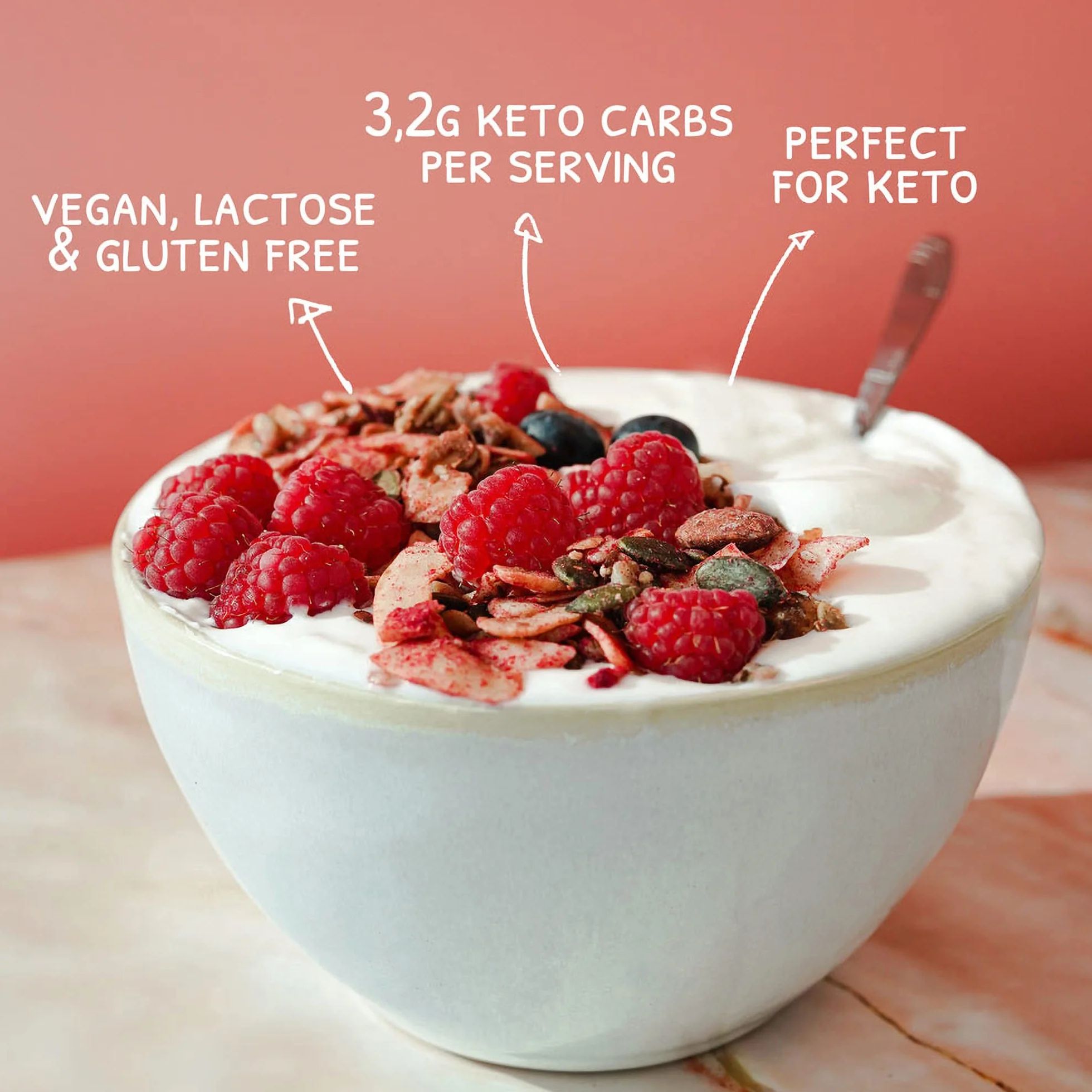 Go-Keto BIO Keto Granola Raspberry 6x 290g - Low Carb Keto Muesli para un delicioso desayuno keto, con chips de coco, nueces, frutas, semillas de girasol y de calabaza, vegan, sin gluten, sin lactosa