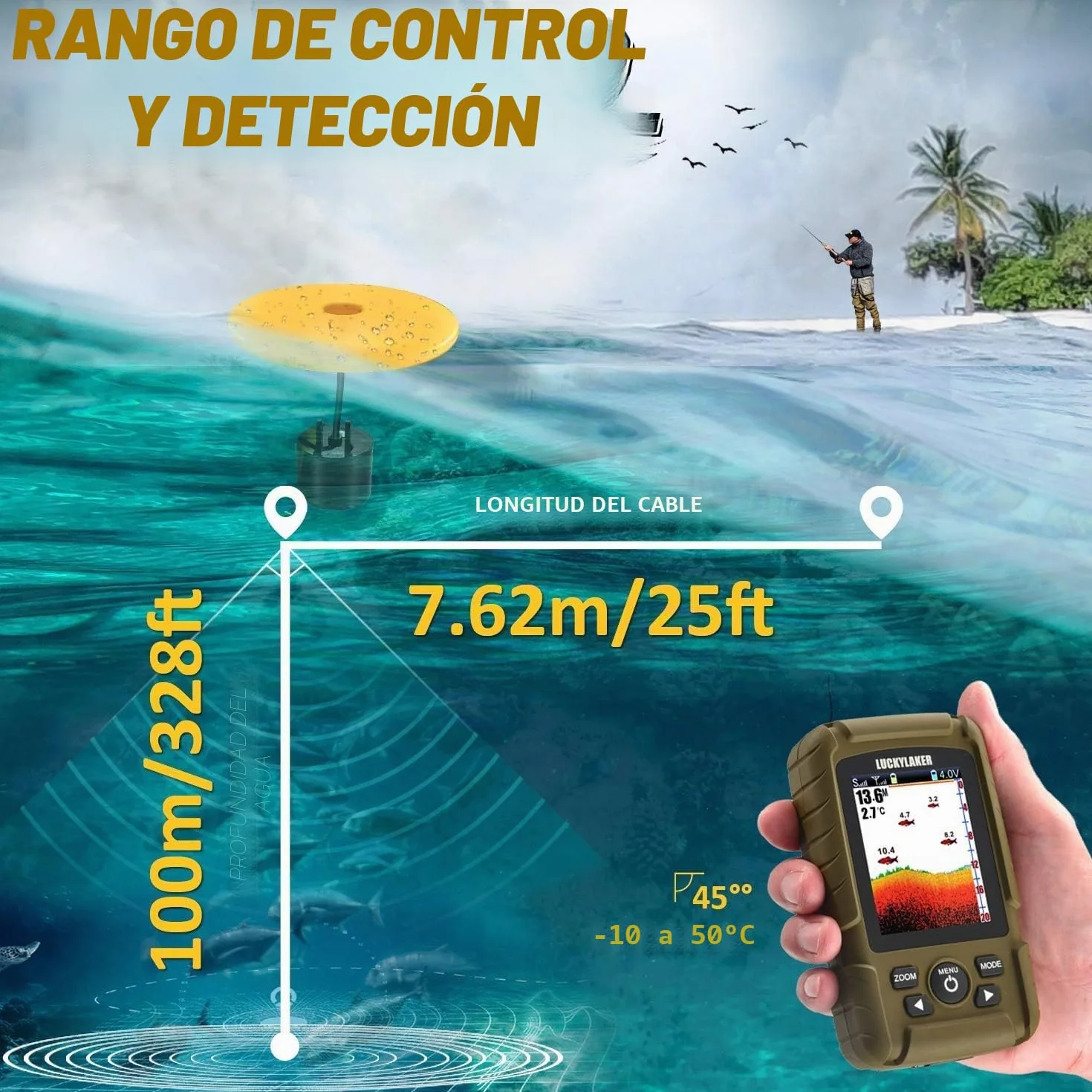 LUCKY Buscador de Peces Inalámbrico de Mano con Transductor Impermeable para Pesca en Hielo Kayak Mar