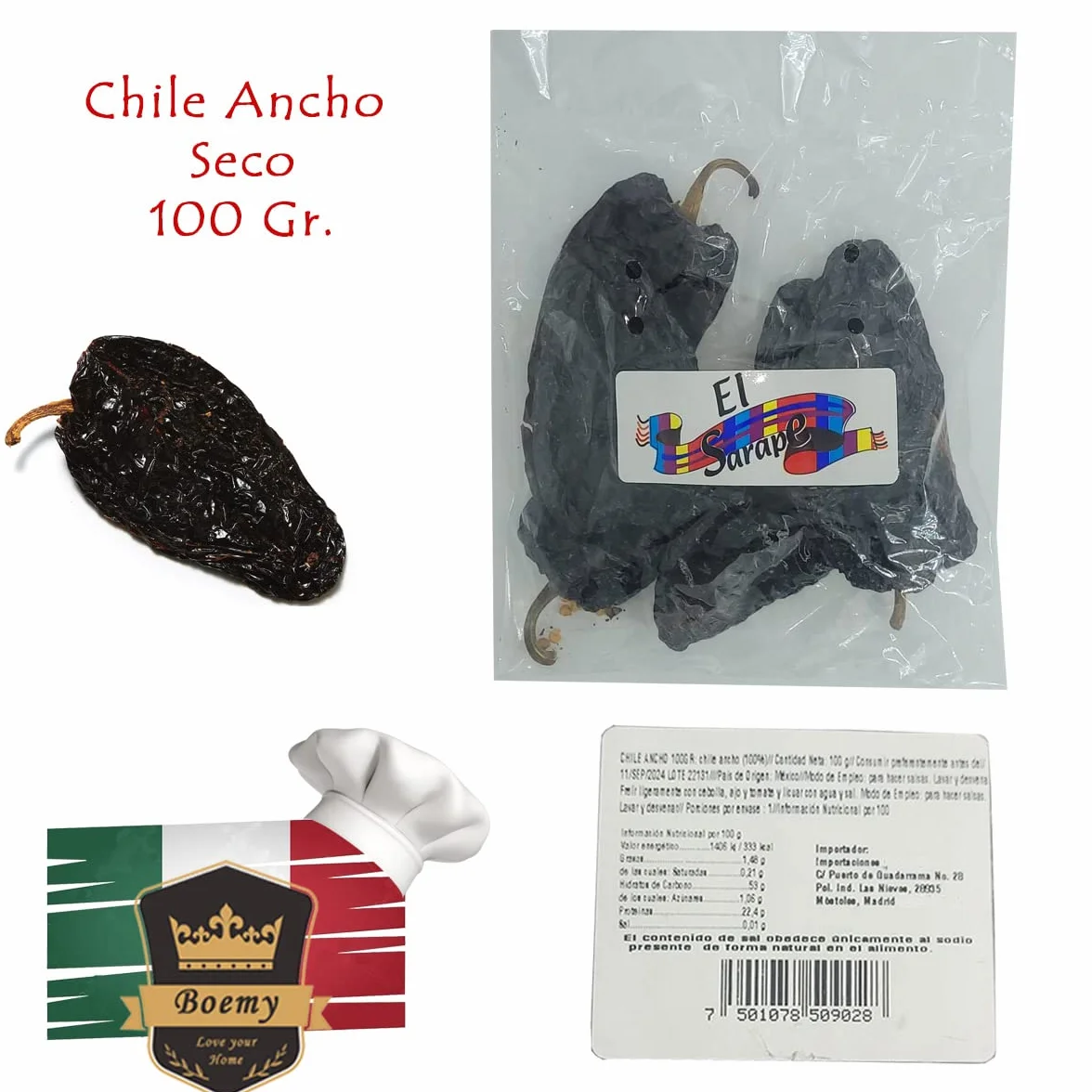 El Sarape Pack Chiles Mexicanos 4 Variedades Chiles Secos 100g Chile de Árbol Guajillo Pasilla Ancho