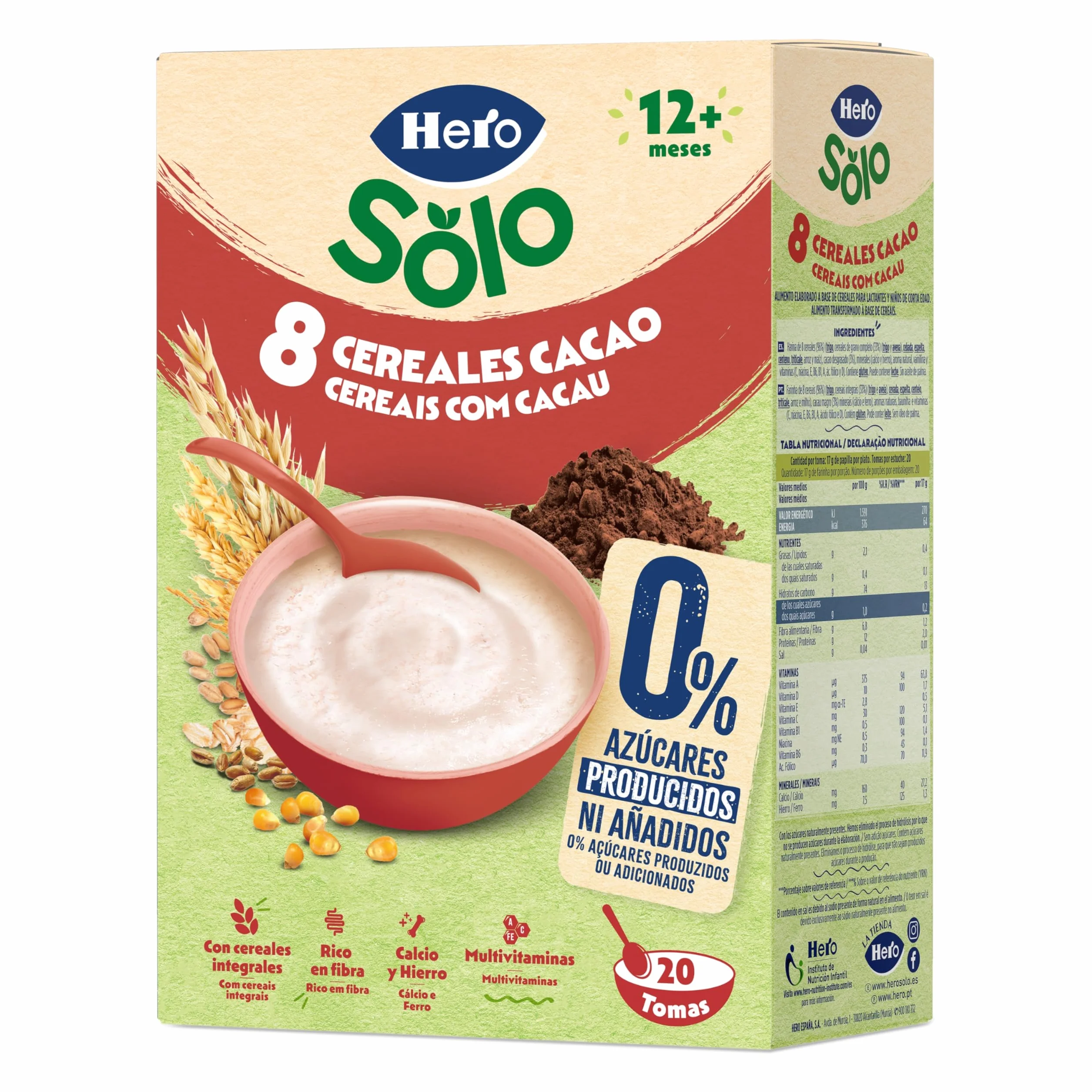 Hero Solo Papilla 8 Cereales con Cacao, Sin Azúcares Añadidos, Rica en Fibra y Vitaminas, Sabor Natural para Bebés, a partir de 12 meses