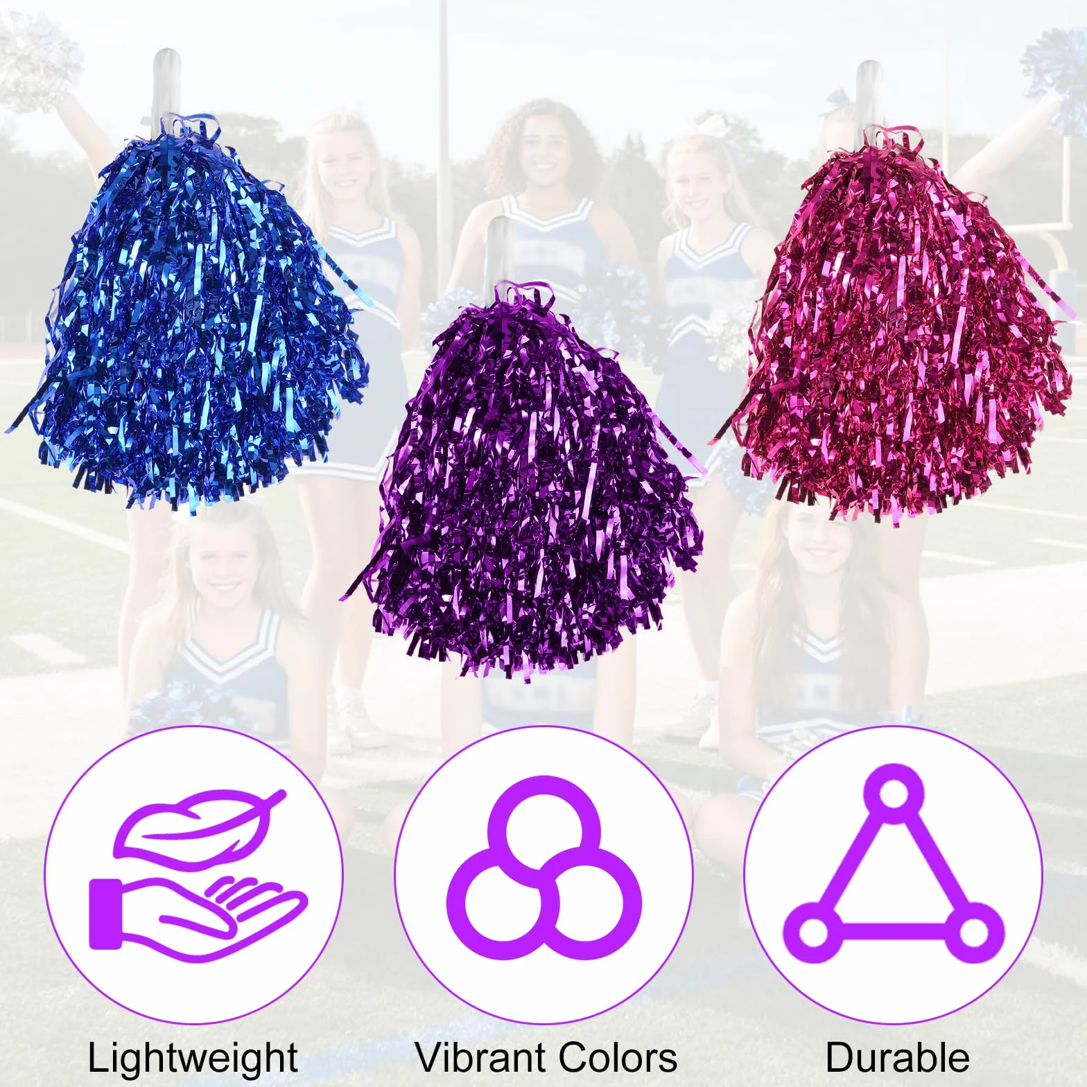 Pompones de Animadora 6 Piezas con Mango Azul/Violeta/Magenta para Eventos Deportivos y Fiestas